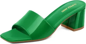 PIZZ ANNU Women's Square Open Toe Heels Sandals Low Block Chunky Heeled Sandal Slip on Mules Comfortable Casual Dress Pumps Shoes
