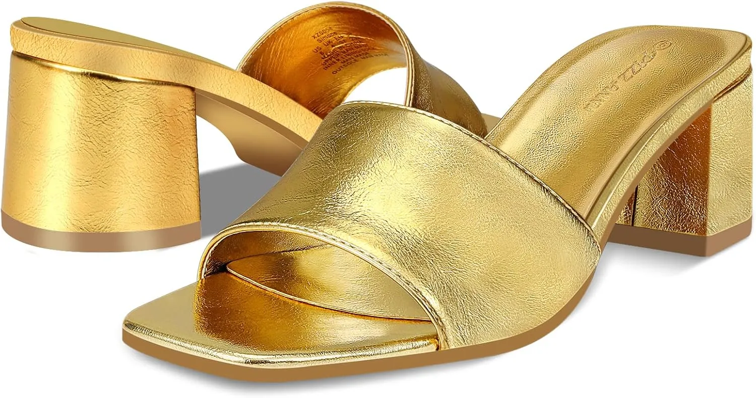 PIZZ ANNU Women's Square Open Toe Heels Sandals Low Block Chunky Heeled Sandal Slip on Mules Comfortable Casual Dress Pumps Shoes