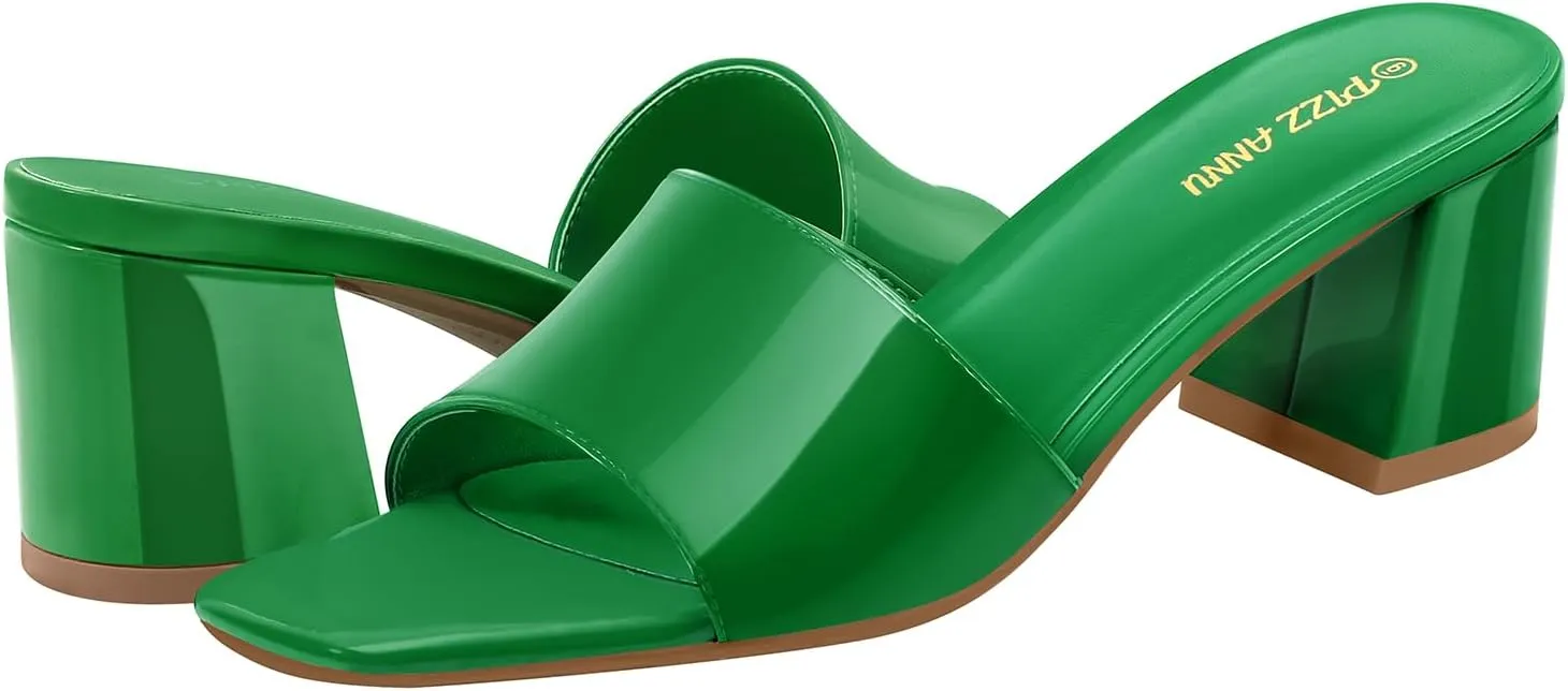 PIZZ ANNU Women's Square Open Toe Heels Sandals Low Block Chunky Heeled Sandal Slip on Mules Comfortable Casual Dress Pumps Shoes