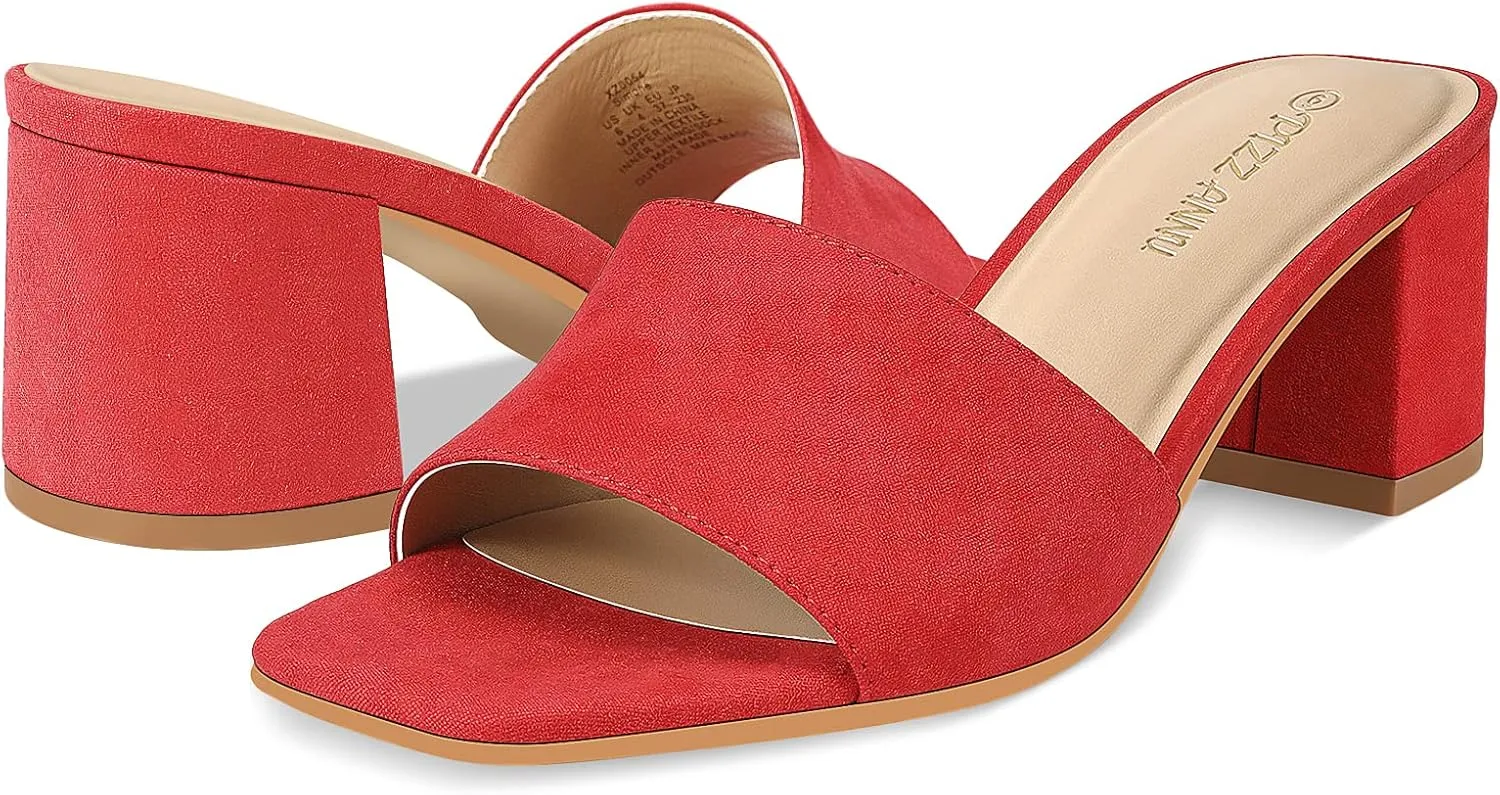 PIZZ ANNU Women's Square Open Toe Heels Sandals Low Block Chunky Heeled Sandal Slip on Mules Comfortable Casual Dress Pumps Shoes