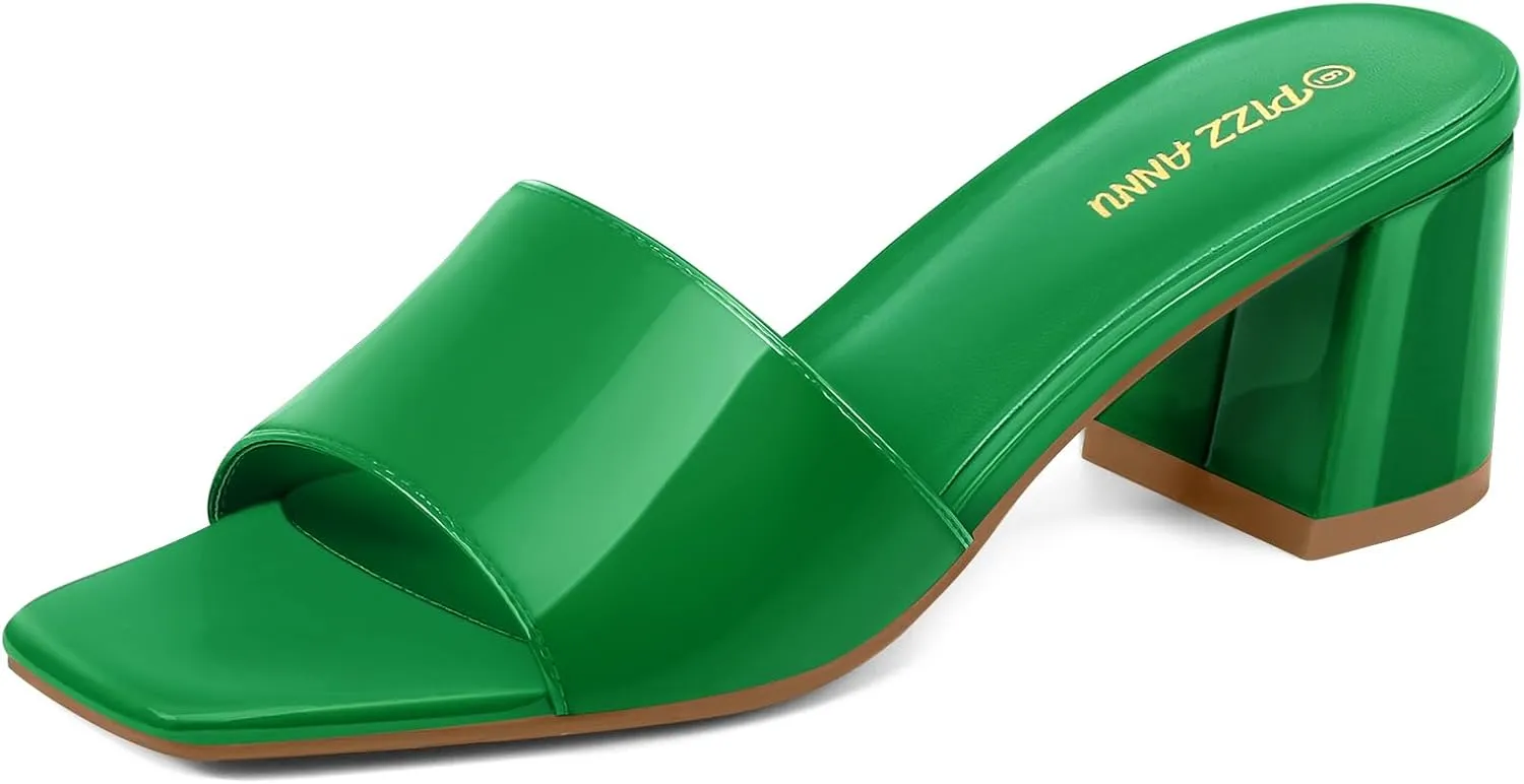 PIZZ ANNU Women's Square Open Toe Heels Sandals Low Block Chunky Heeled Sandal Slip on Mules Comfortable Casual Dress Pumps Shoes