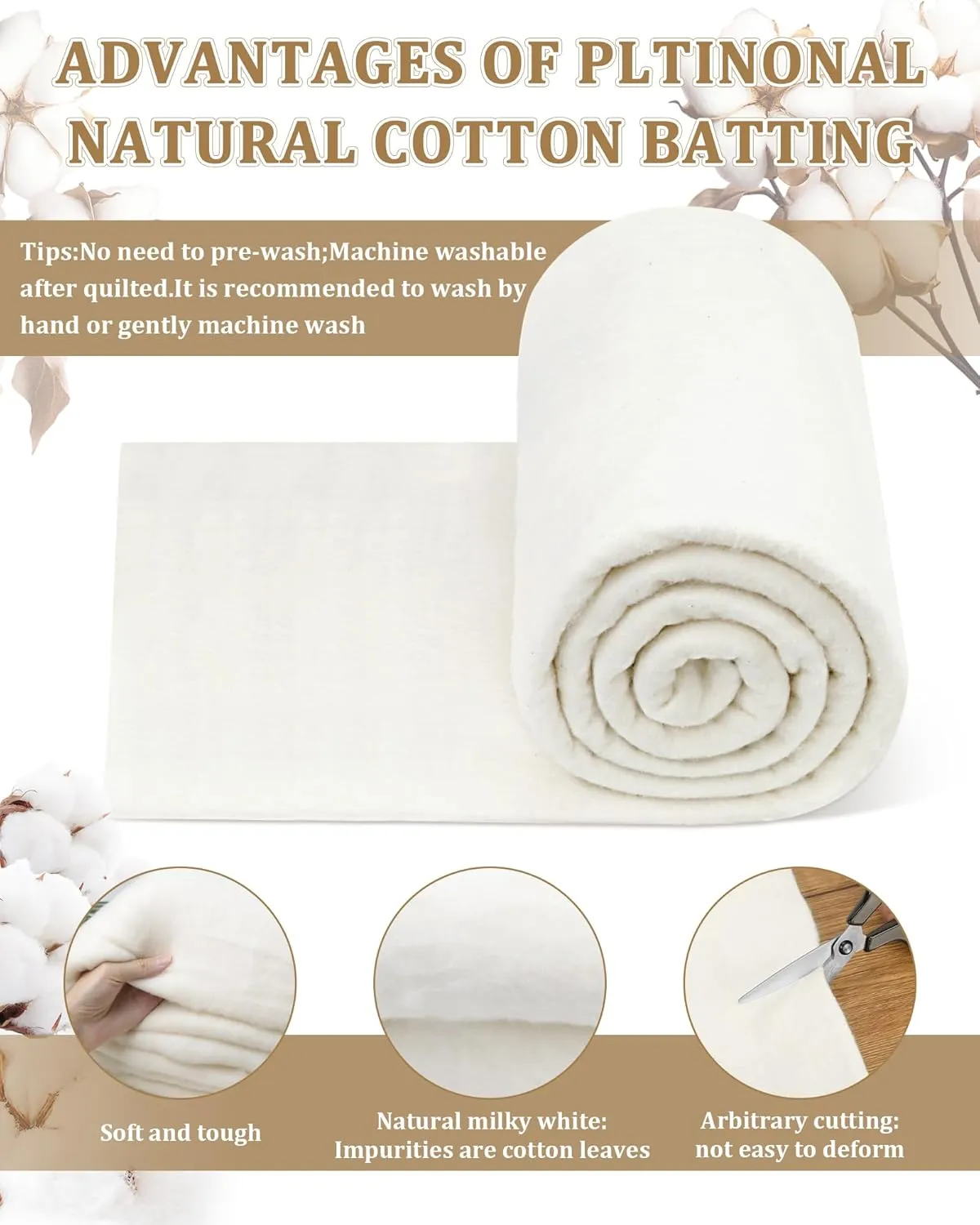 PLANTIONAL Natural Cotton Batting for Quilts: 79-Inch x 91-Inch Light Weight Purely Natural All Season Quilt Batting for Quilts, Craft and Wearable Arts