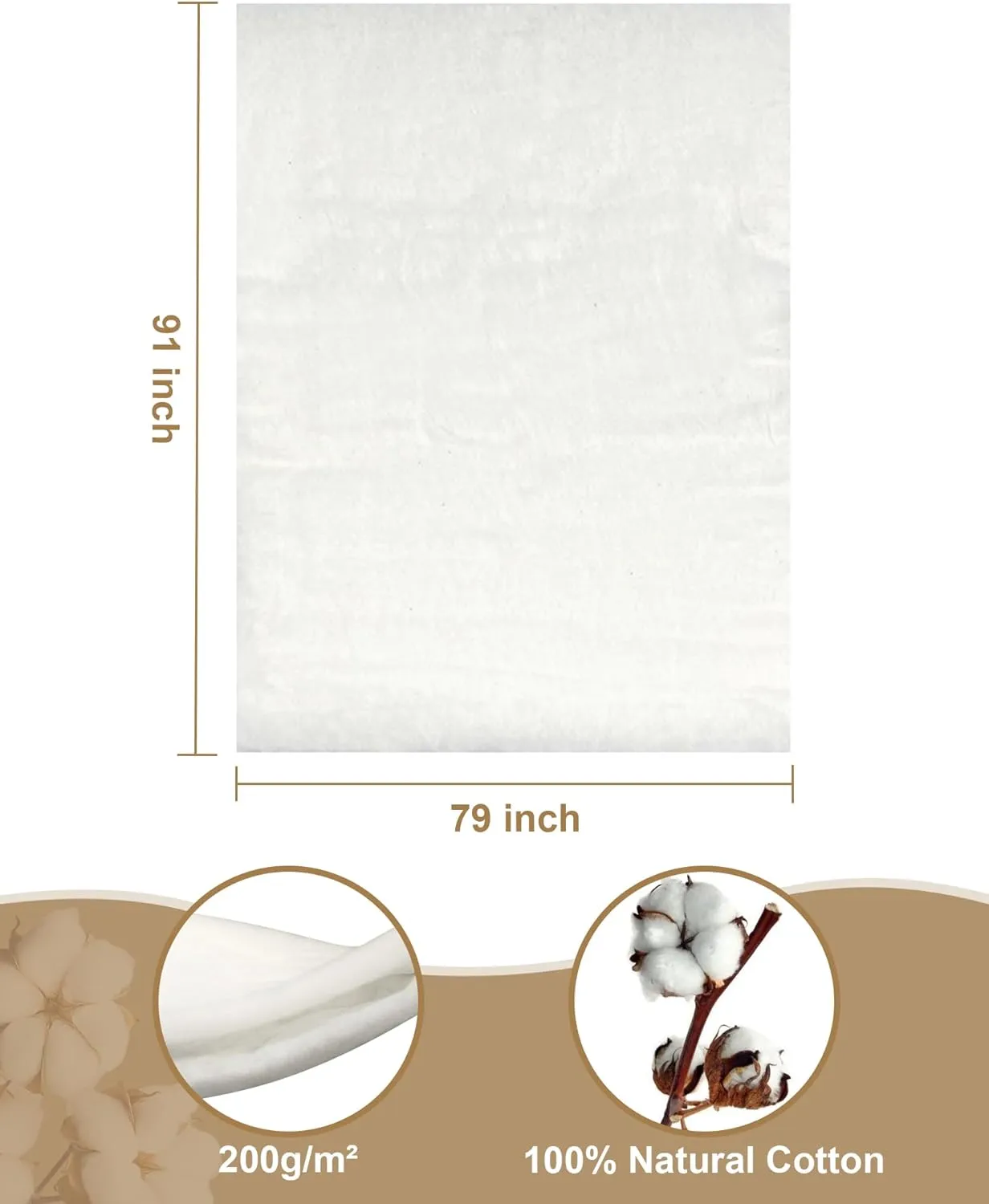 PLANTIONAL Natural Cotton Batting for Quilts: 79-Inch x 91-Inch Light Weight Purely Natural All Season Quilt Batting for Quilts, Craft and Wearable Arts