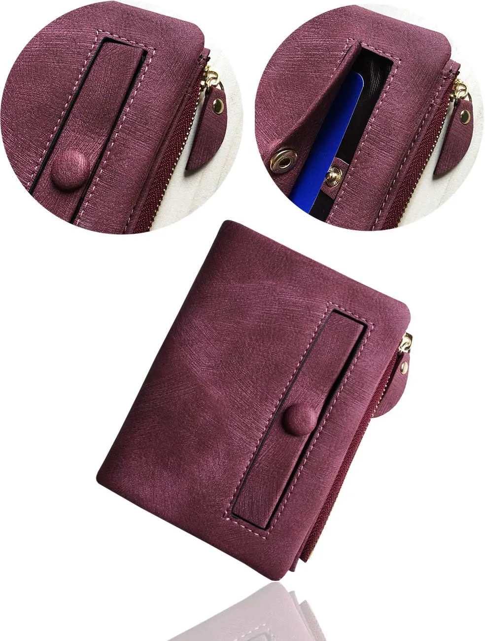 PofeeXIO Womens Wallets Small Rfid Ladies Bifold Wallet With Zipper Coin Pocket,Mini Purse Soft Compact Thin (wine Red)