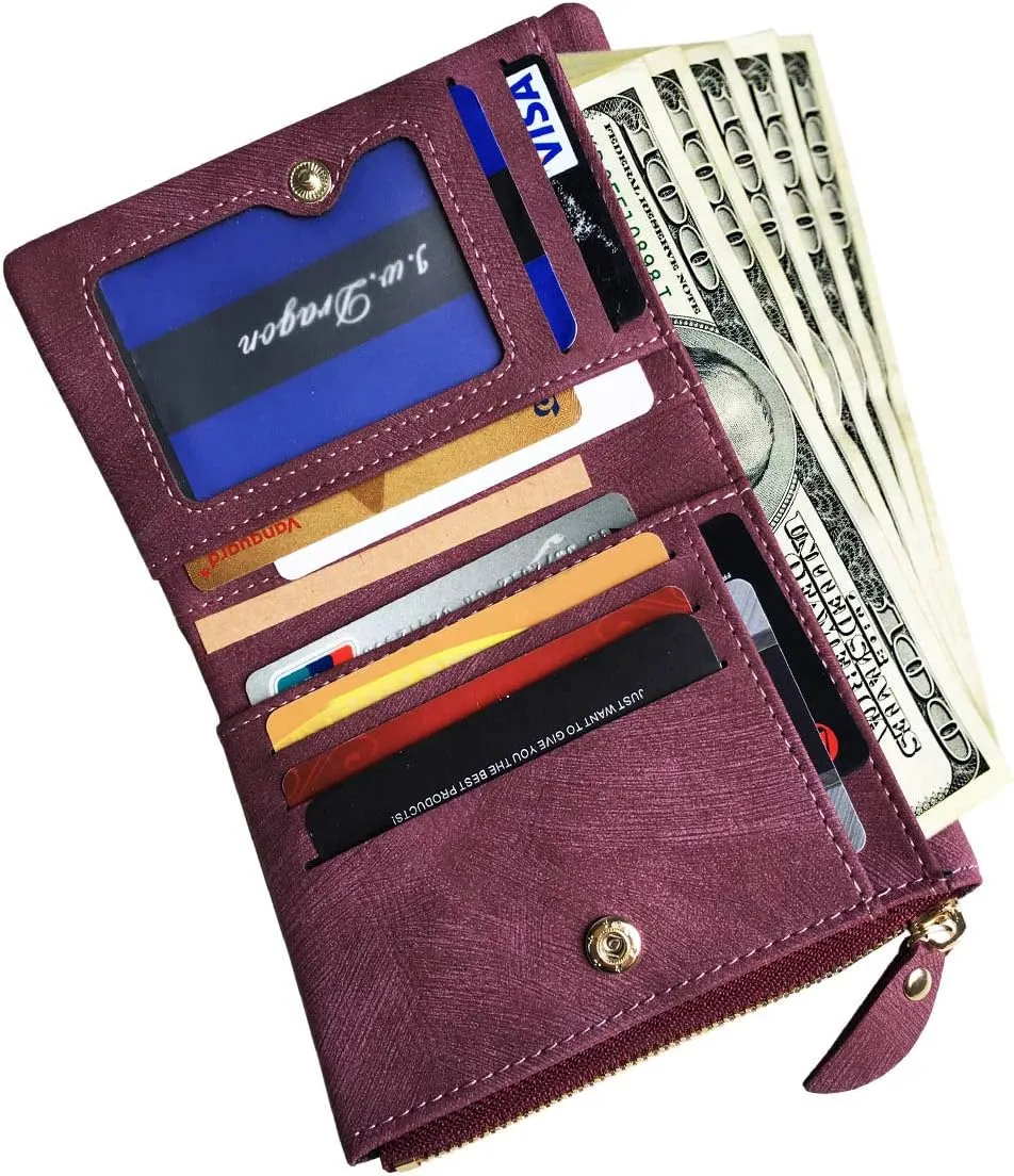 PofeeXIO Womens Wallets Small Rfid Ladies Bifold Wallet With Zipper Coin Pocket,Mini Purse Soft Compact Thin (wine Red)