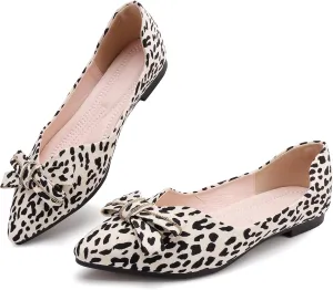 Pointed end Women Flat Shoes Classic Leopard Print Flat Shoes with Bow Decoration, Casual and Comfortable Flat Shoes