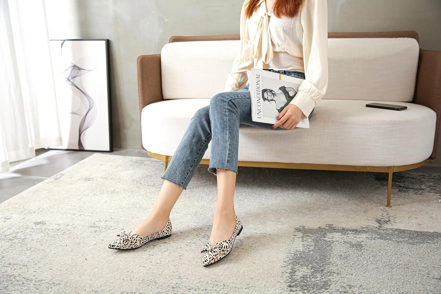 Pointed end Women Flat Shoes Classic Leopard Print Flat Shoes with Bow Decoration, Casual and Comfortable Flat Shoes