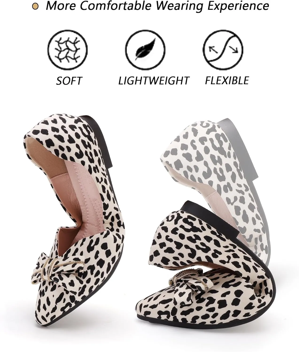 Pointed end Women Flat Shoes Classic Leopard Print Flat Shoes with Bow Decoration, Casual and Comfortable Flat Shoes