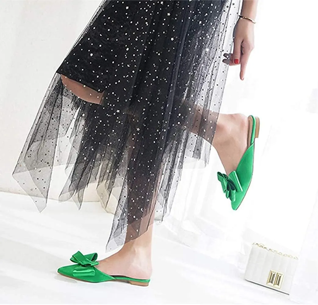 Pointed Toe Bow-Knot Flat Backless Slip On Slide Mules for Women