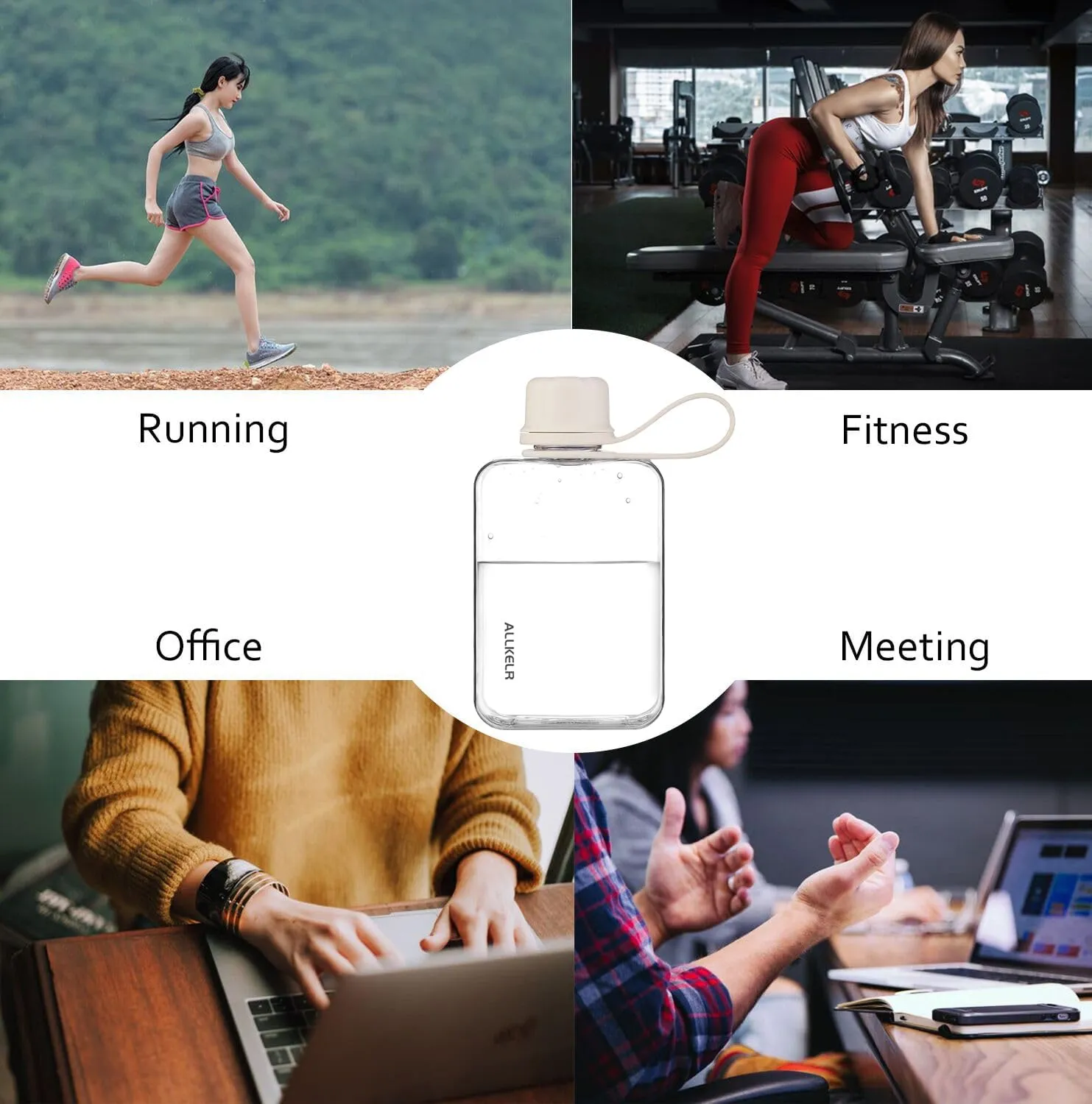 Portable Flat Water Bottle,BPA Free Reusable Tritan Plastic Travel Water Bottle Cup,Lightweight Leakproof Slim Water Bottle Fits Purse,Backpacking, Hiking (White, 8 oz)
