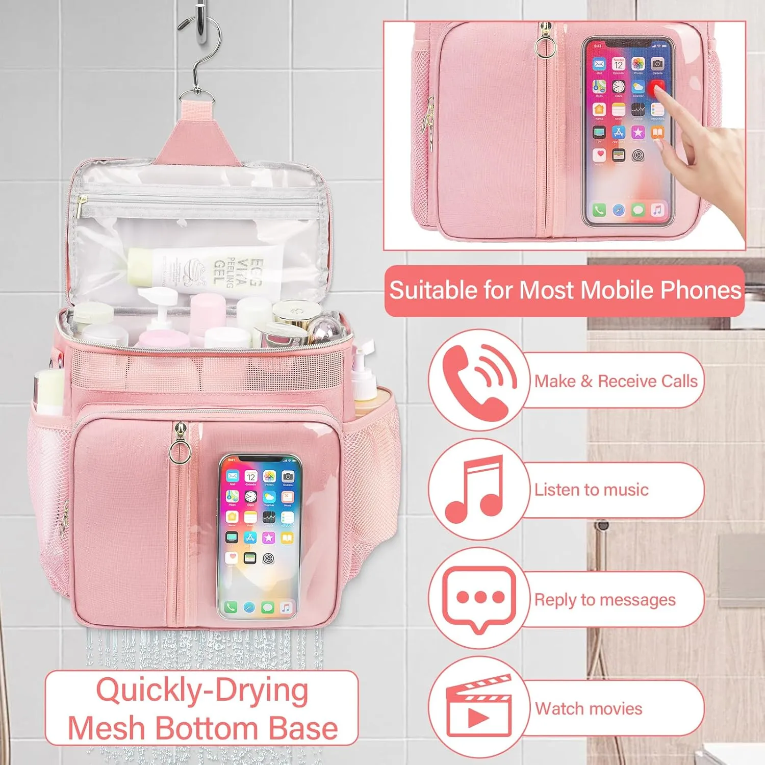 Portable Shower Caddy College, Quickly Dry Tolietry Mesh Tote Bag for Dorm Room Essentials, Hanging Bathroom Organizer Bag for Travel, Gym, Camping (Pink)