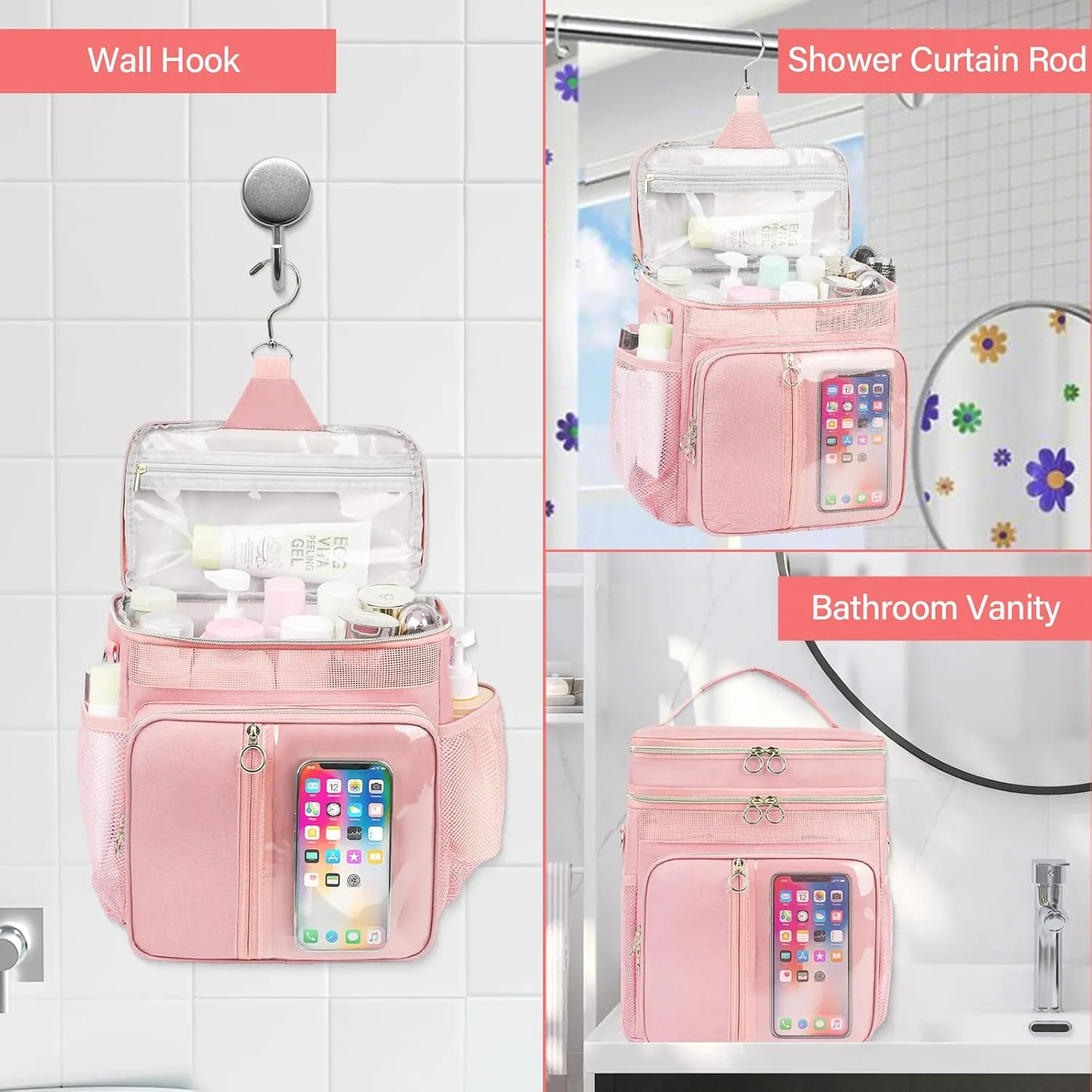 Portable Shower Caddy College, Quickly Dry Tolietry Mesh Tote Bag for Dorm Room Essentials, Hanging Bathroom Organizer Bag for Travel, Gym, Camping (Pink)