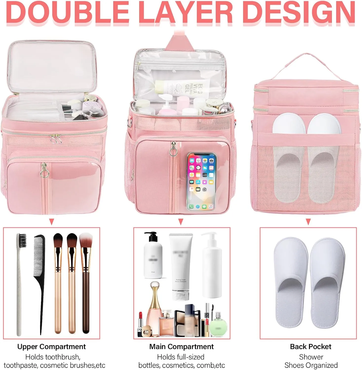 Portable Shower Caddy College, Quickly Dry Tolietry Mesh Tote Bag for Dorm Room Essentials, Hanging Bathroom Organizer Bag for Travel, Gym, Camping (Pink)