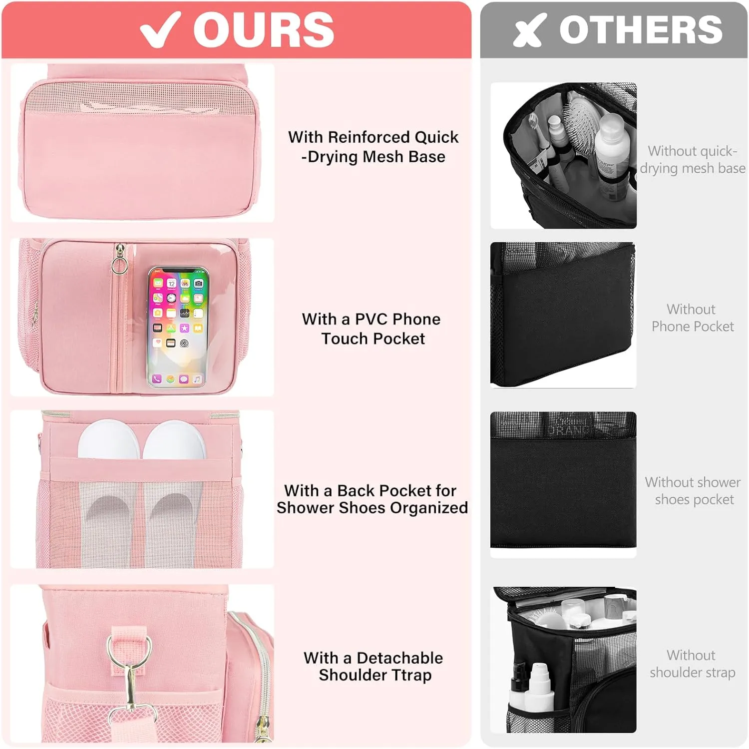 Portable Shower Caddy College, Quickly Dry Tolietry Mesh Tote Bag for Dorm Room Essentials, Hanging Bathroom Organizer Bag for Travel, Gym, Camping (Pink)