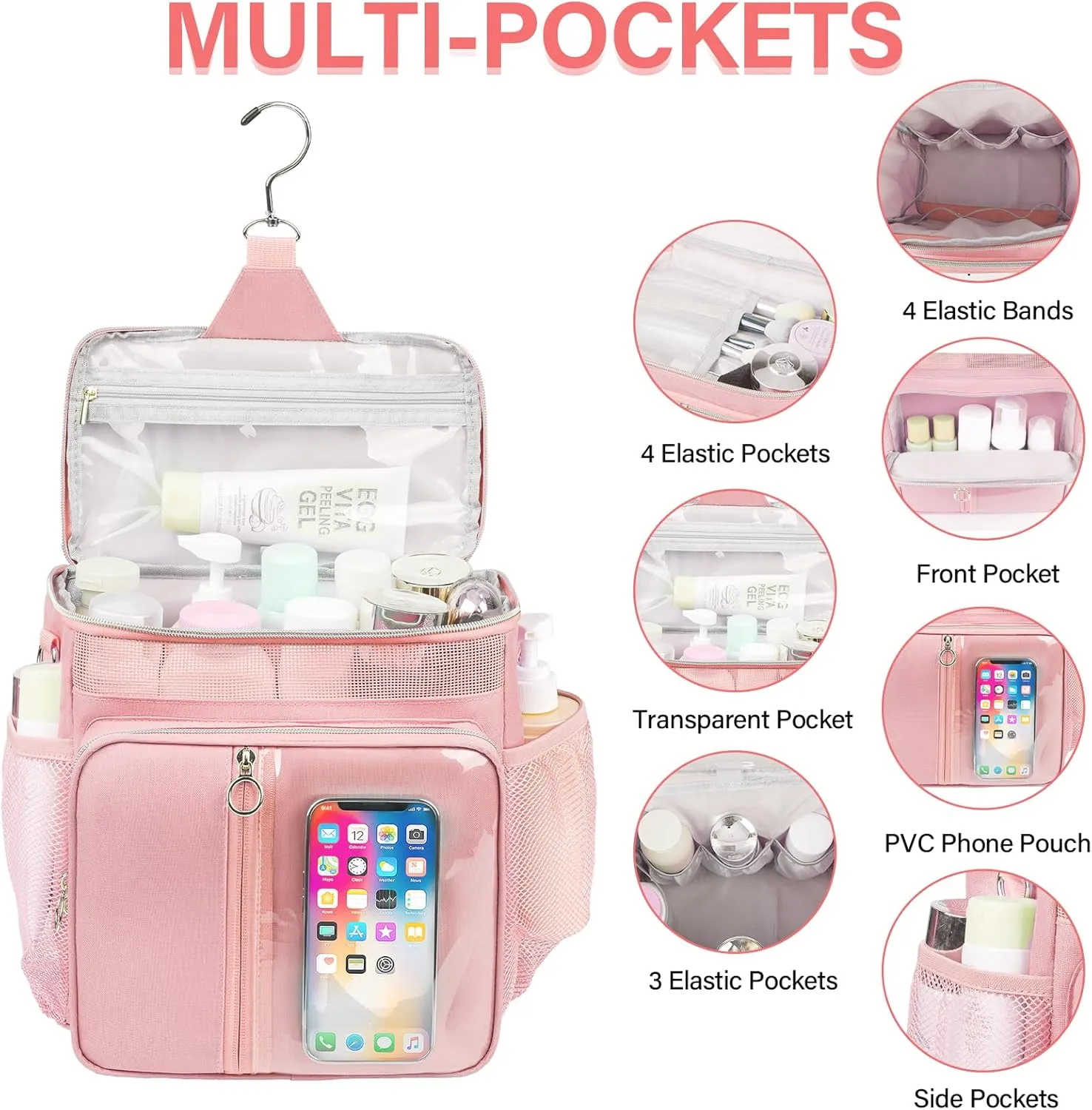 Portable Shower Caddy College, Quickly Dry Tolietry Mesh Tote Bag for Dorm Room Essentials, Hanging Bathroom Organizer Bag for Travel, Gym, Camping (Pink)