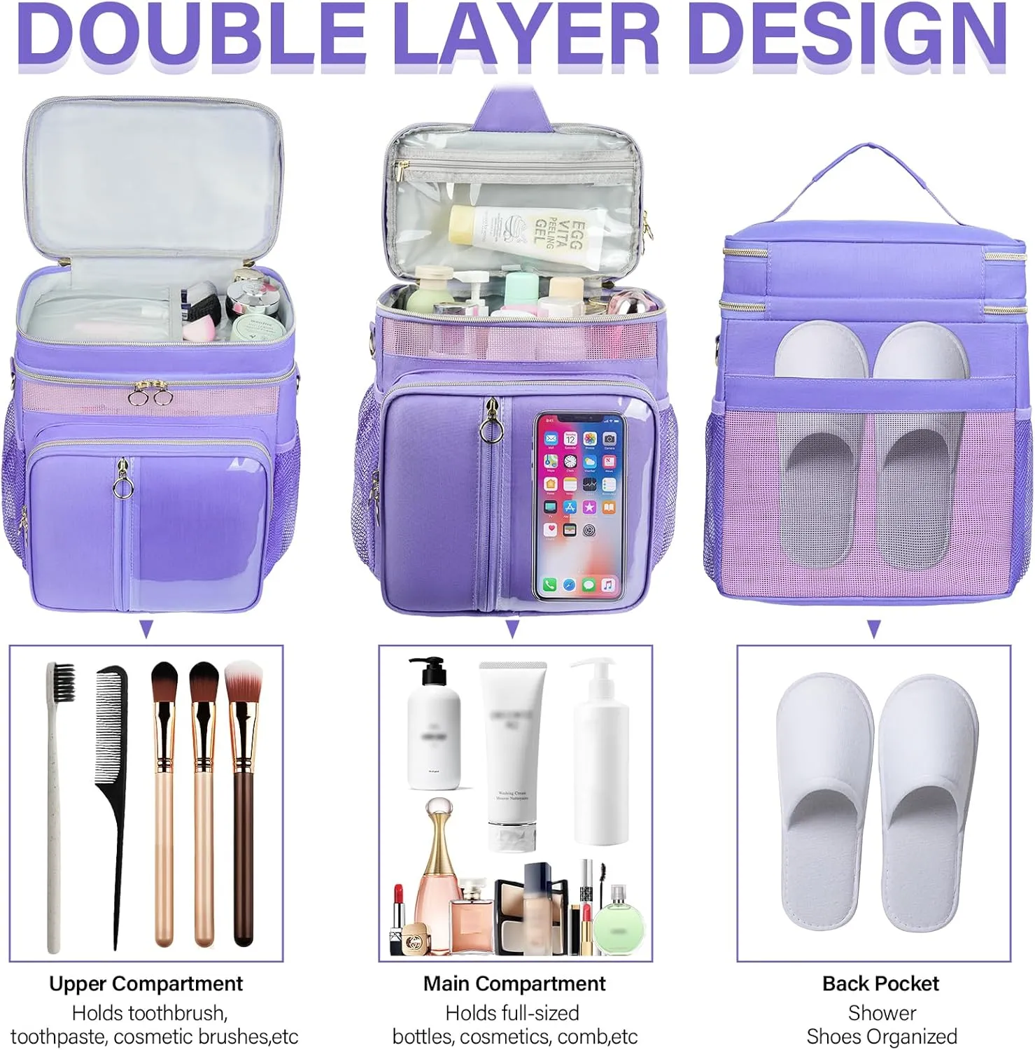 Portable Shower Caddy College, Quickly Dry Tolietry Mesh Tote Bag for Dorm Room Essentials, Hanging Bathroom Organizer Bag for Travel, Gym, Camping (Purple)