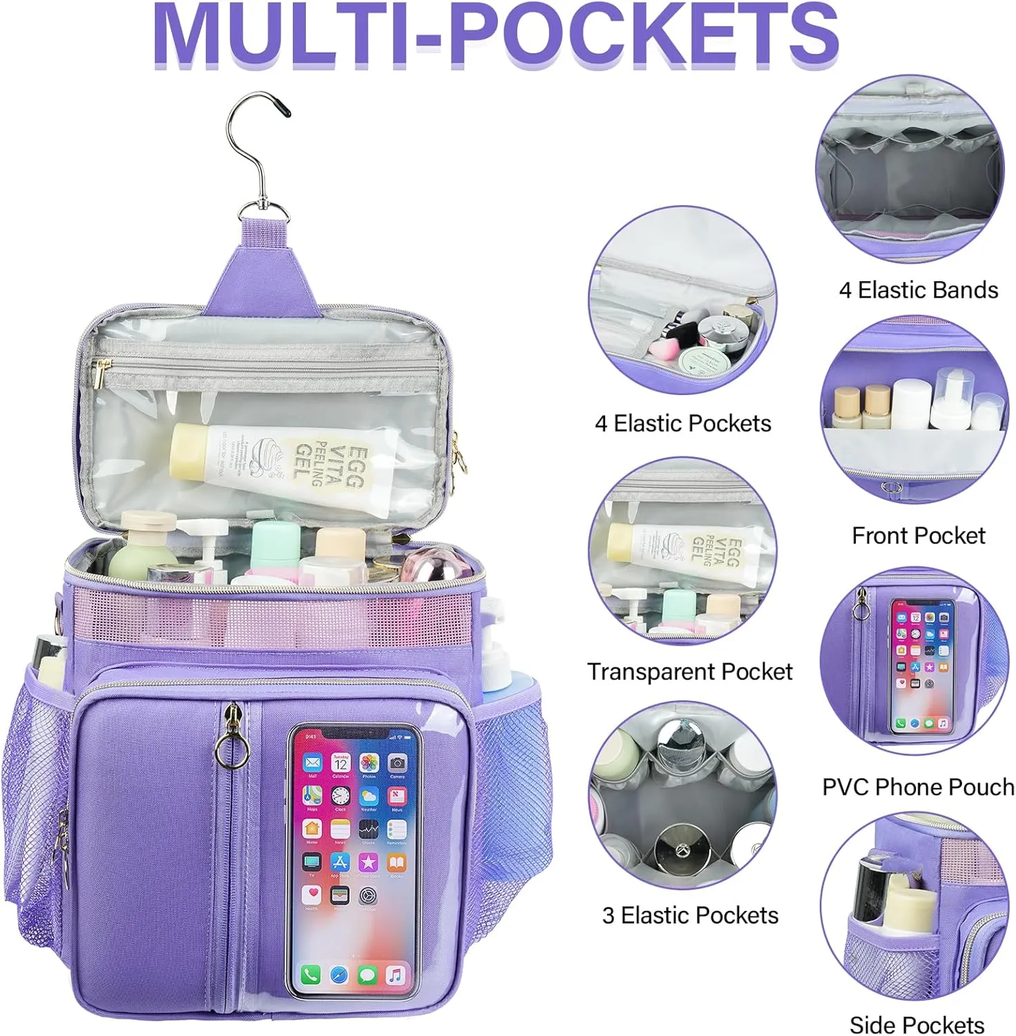 Portable Shower Caddy College, Quickly Dry Tolietry Mesh Tote Bag for Dorm Room Essentials, Hanging Bathroom Organizer Bag for Travel, Gym, Camping (Purple)