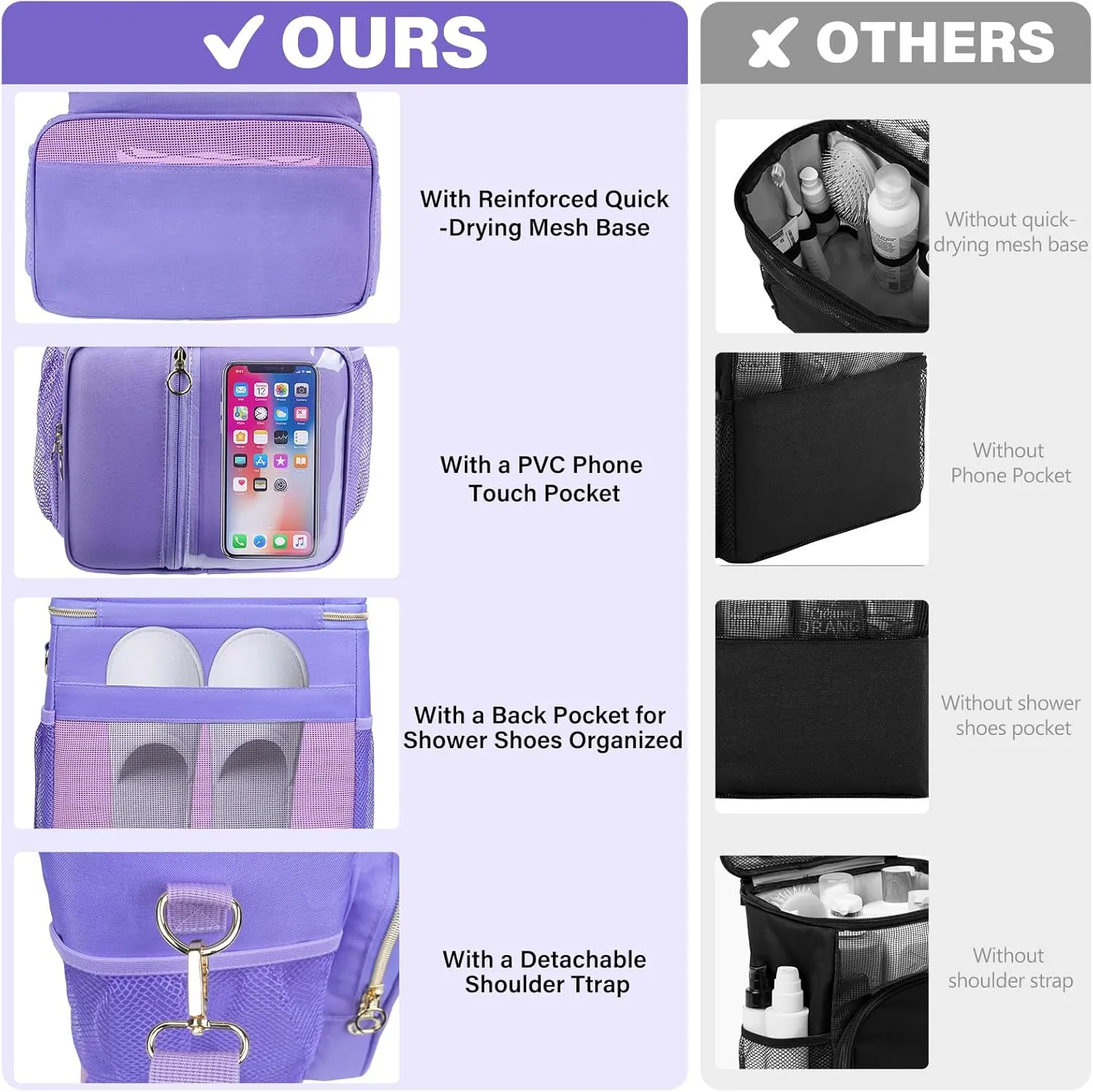 Portable Shower Caddy College, Quickly Dry Tolietry Mesh Tote Bag for Dorm Room Essentials, Hanging Bathroom Organizer Bag for Travel, Gym, Camping (Purple)