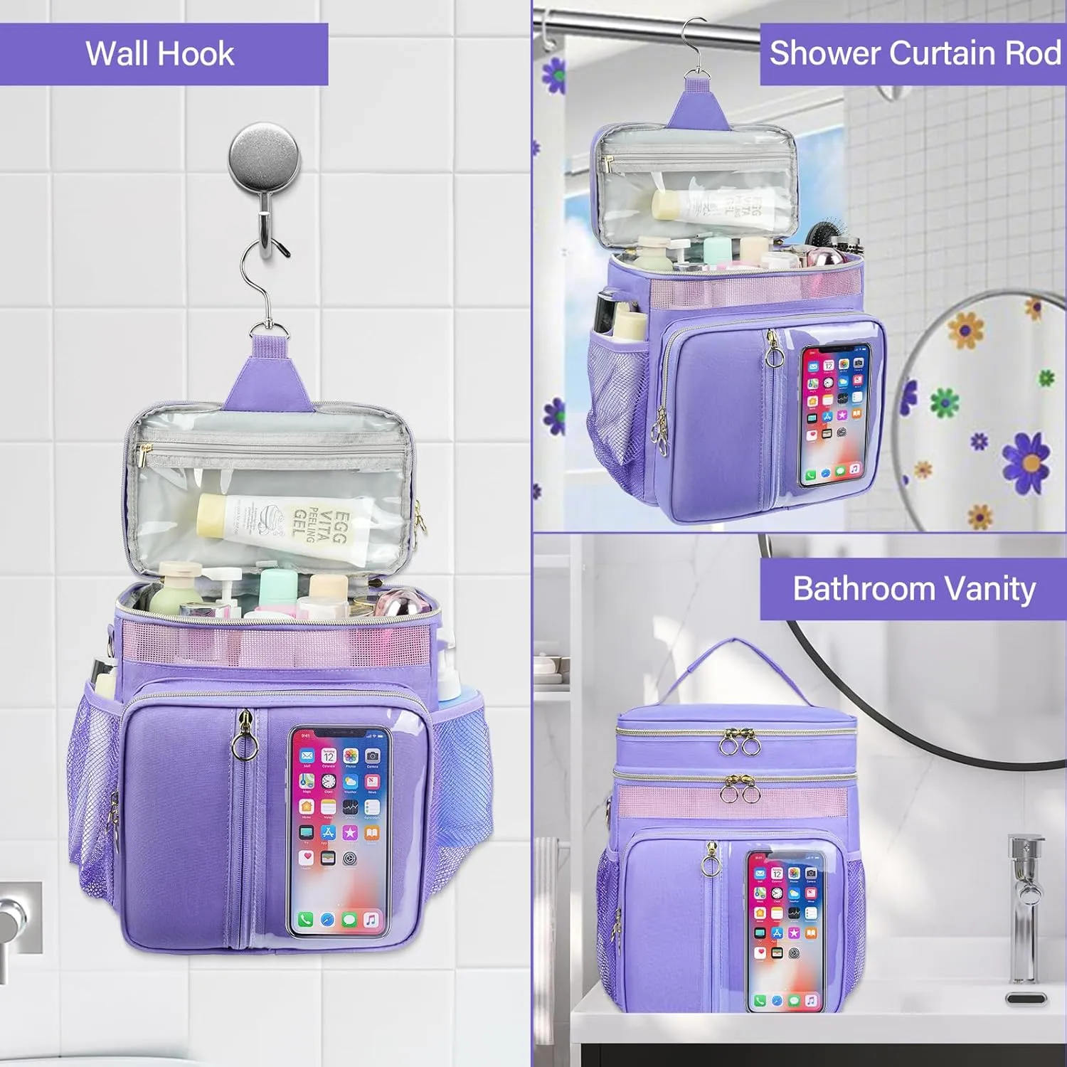 Portable Shower Caddy College, Quickly Dry Tolietry Mesh Tote Bag for Dorm Room Essentials, Hanging Bathroom Organizer Bag for Travel, Gym, Camping (Purple)