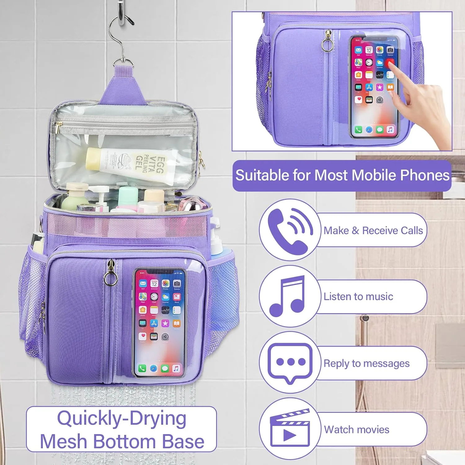 Portable Shower Caddy College, Quickly Dry Tolietry Mesh Tote Bag for Dorm Room Essentials, Hanging Bathroom Organizer Bag for Travel, Gym, Camping (Purple)