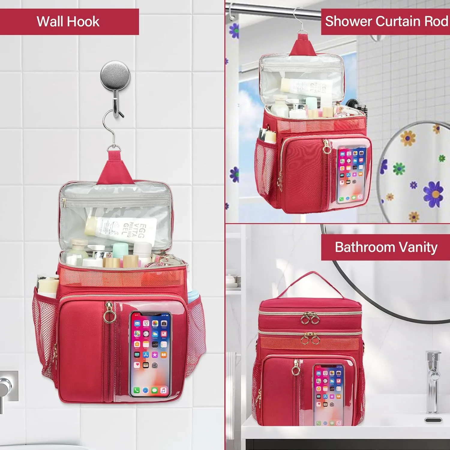 Portable Shower Caddy College, Quickly Dry Tolietry Mesh Tote Bag for Dorm Room Essentials, Hanging Bathroom Organizer Bag for Travel, Gym, Camping (Wine Red)