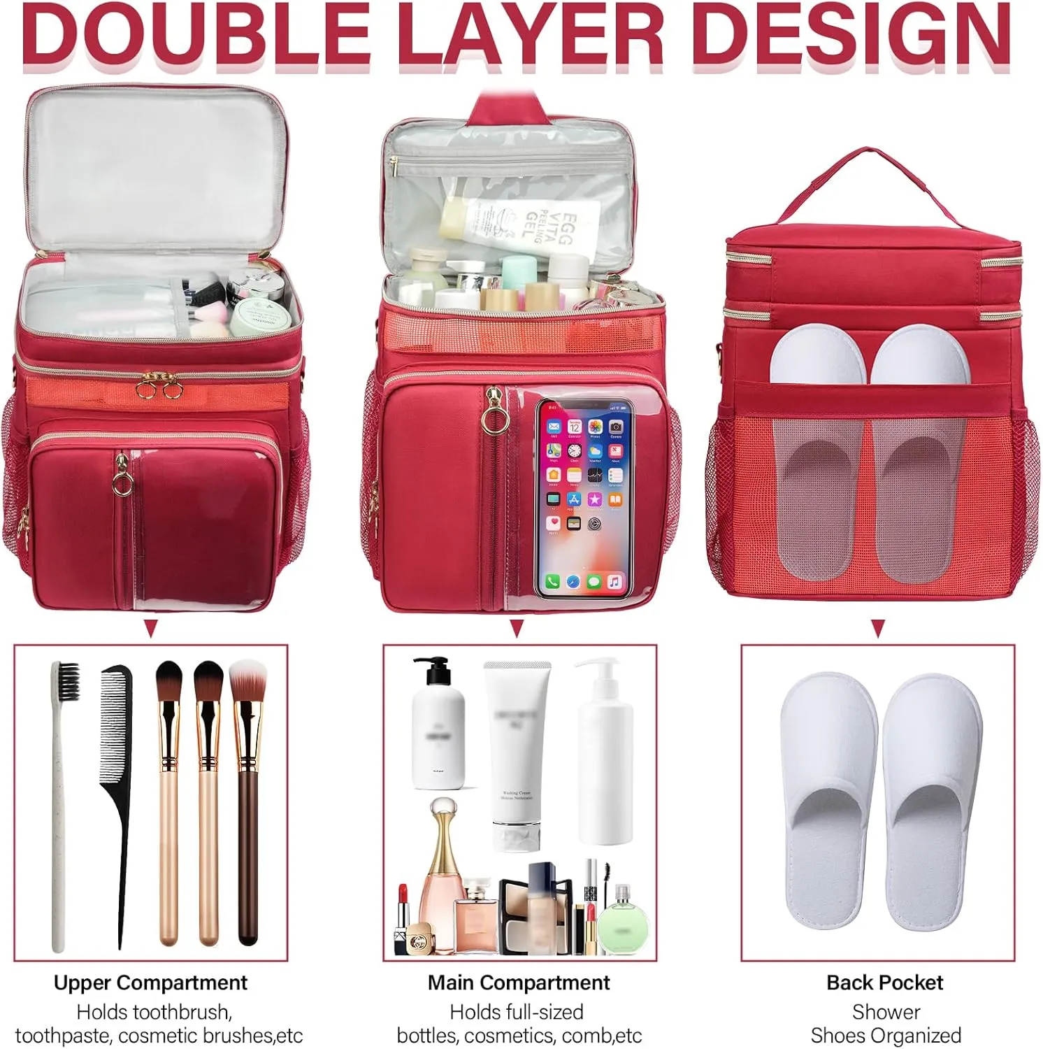 Portable Shower Caddy College, Quickly Dry Tolietry Mesh Tote Bag for Dorm Room Essentials, Hanging Bathroom Organizer Bag for Travel, Gym, Camping (Wine Red)