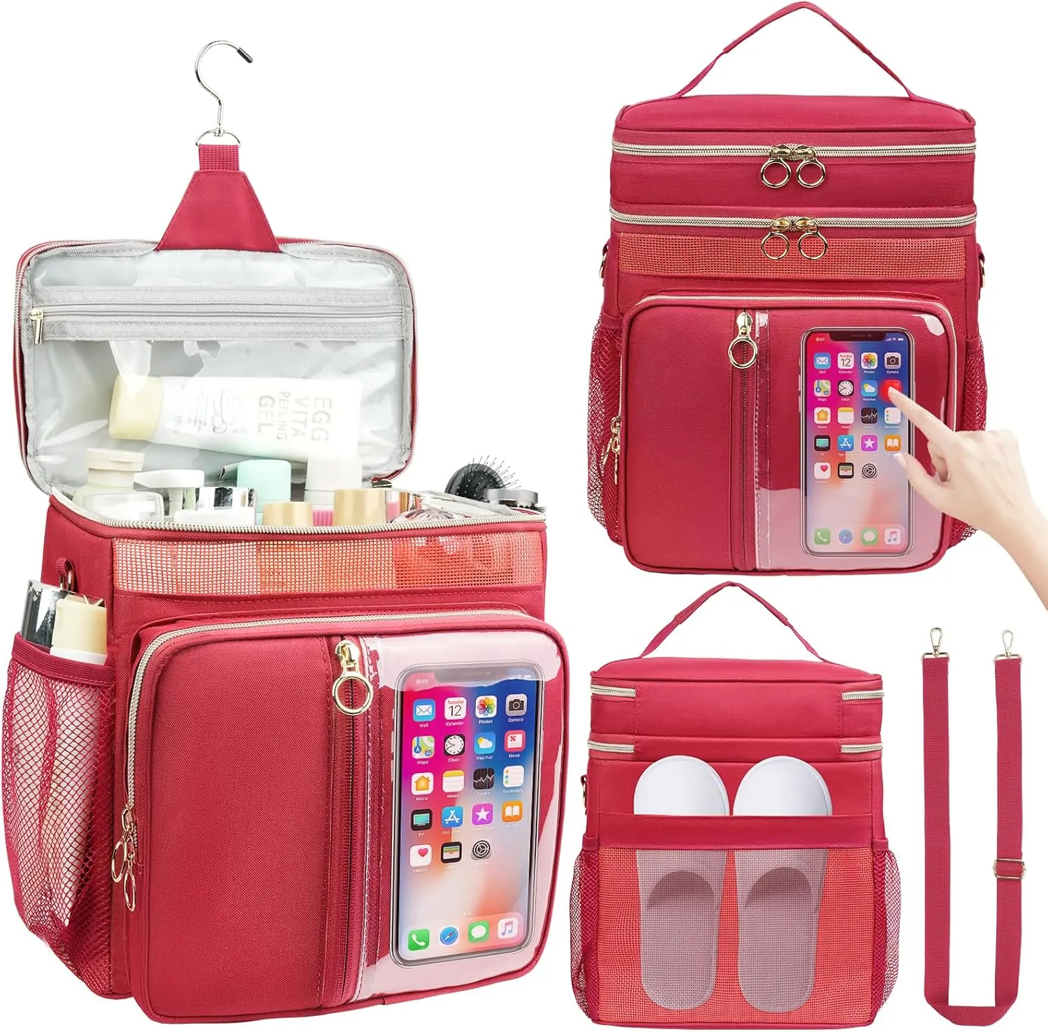 Portable Shower Caddy College, Quickly Dry Tolietry Mesh Tote Bag for Dorm Room Essentials, Hanging Bathroom Organizer Bag for Travel, Gym, Camping (Wine Red)
