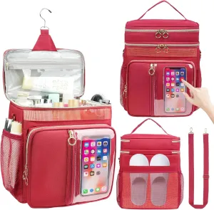 Portable Shower Caddy College, Quickly Dry Tolietry Mesh Tote Bag for Dorm Room Essentials, Hanging Bathroom Organizer Bag for Travel, Gym, Camping (Wine Red)