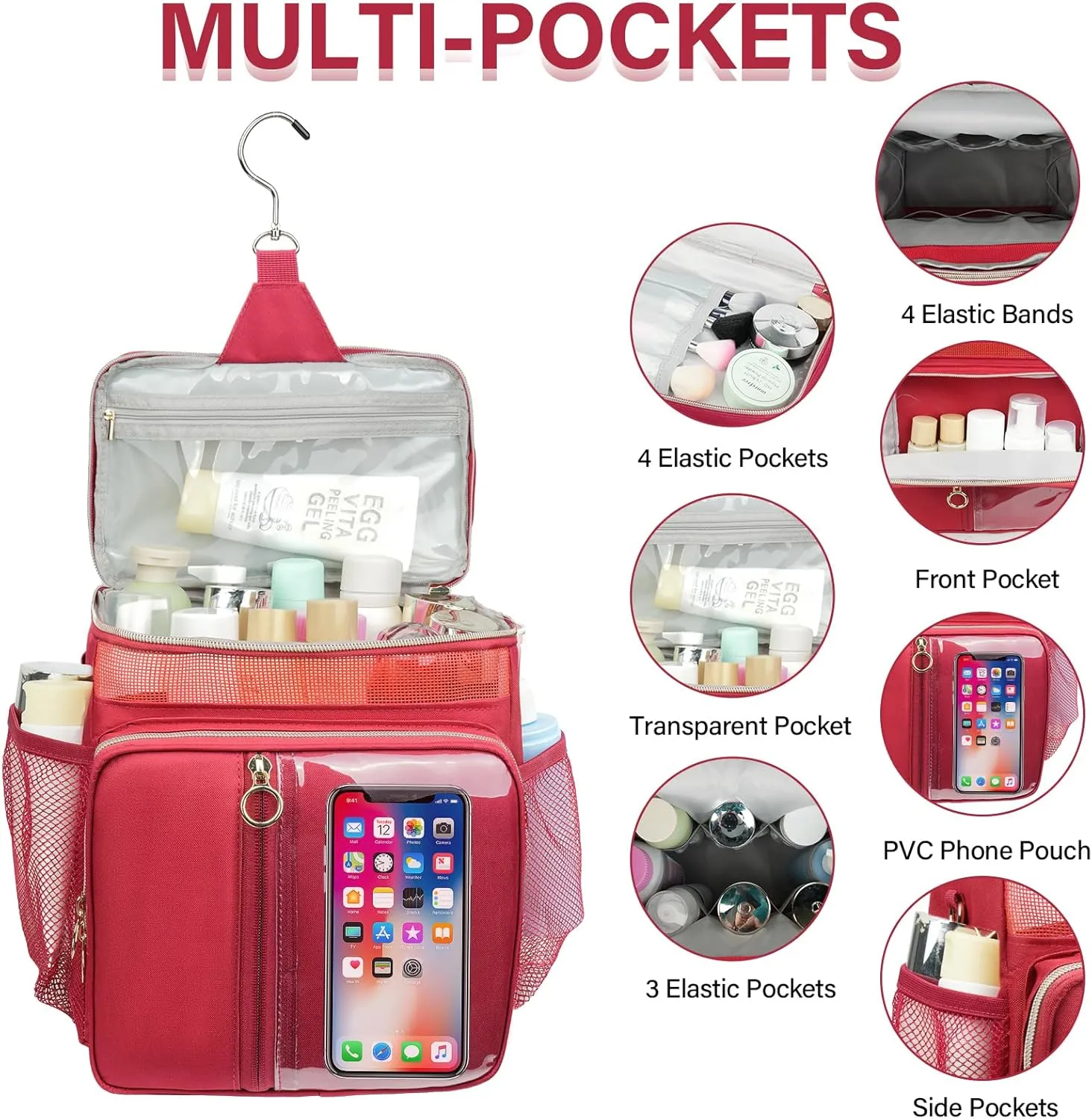 Portable Shower Caddy College, Quickly Dry Tolietry Mesh Tote Bag for Dorm Room Essentials, Hanging Bathroom Organizer Bag for Travel, Gym, Camping (Wine Red)