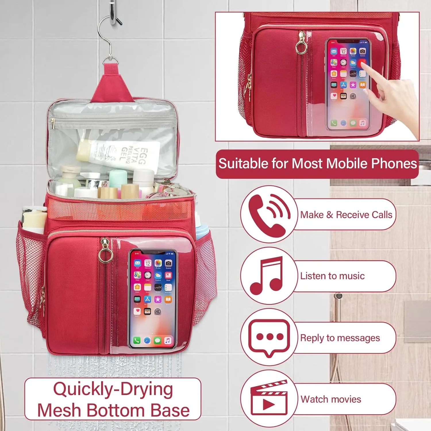 Portable Shower Caddy College, Quickly Dry Tolietry Mesh Tote Bag for Dorm Room Essentials, Hanging Bathroom Organizer Bag for Travel, Gym, Camping (Wine Red)