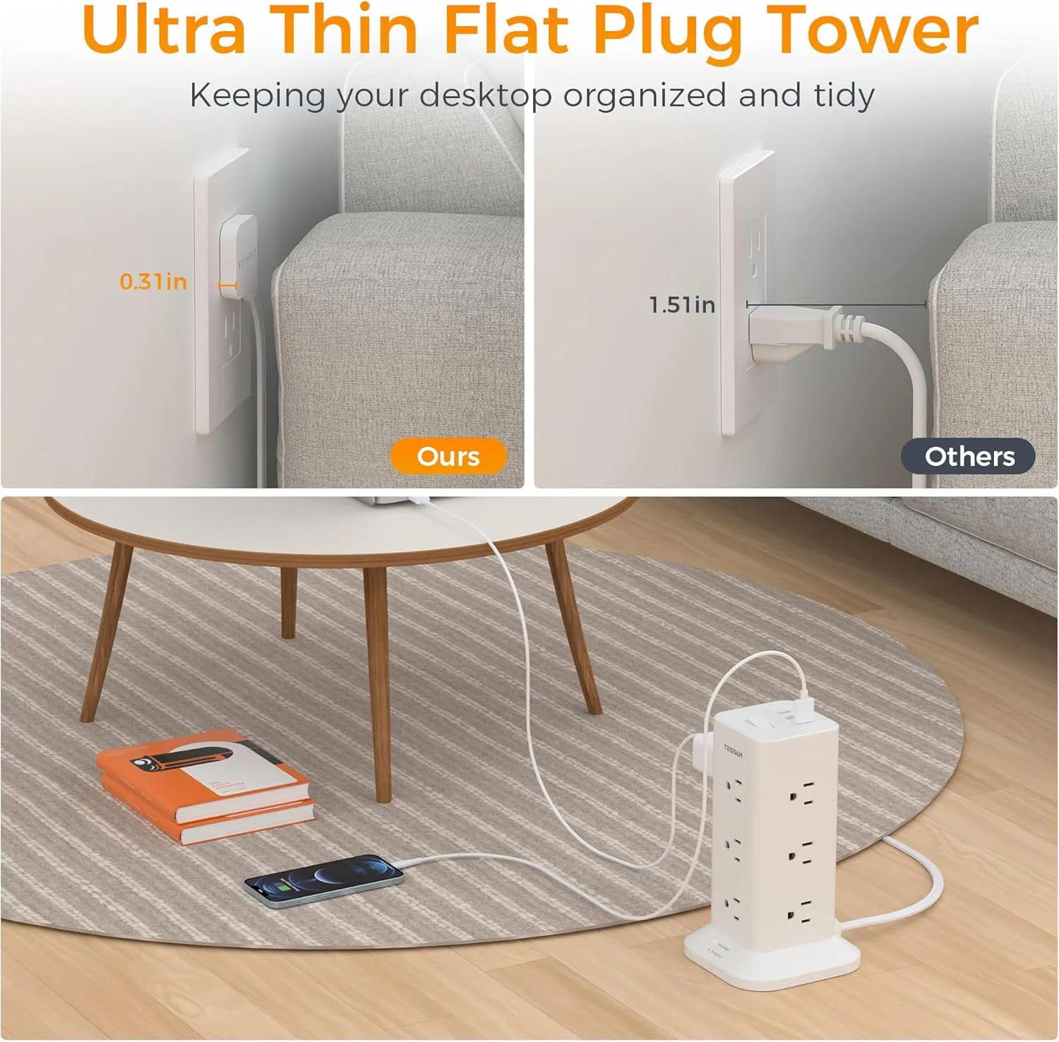 Power Strip Tower with Surge Protection, TESSAN Flat Plug Extension Cord 6 Feet with 12 Multiple Outlets 3 USB Ports (1 USB C), 900J Surge Protector Tower for Home,Supplies for Dorm Room Essentials