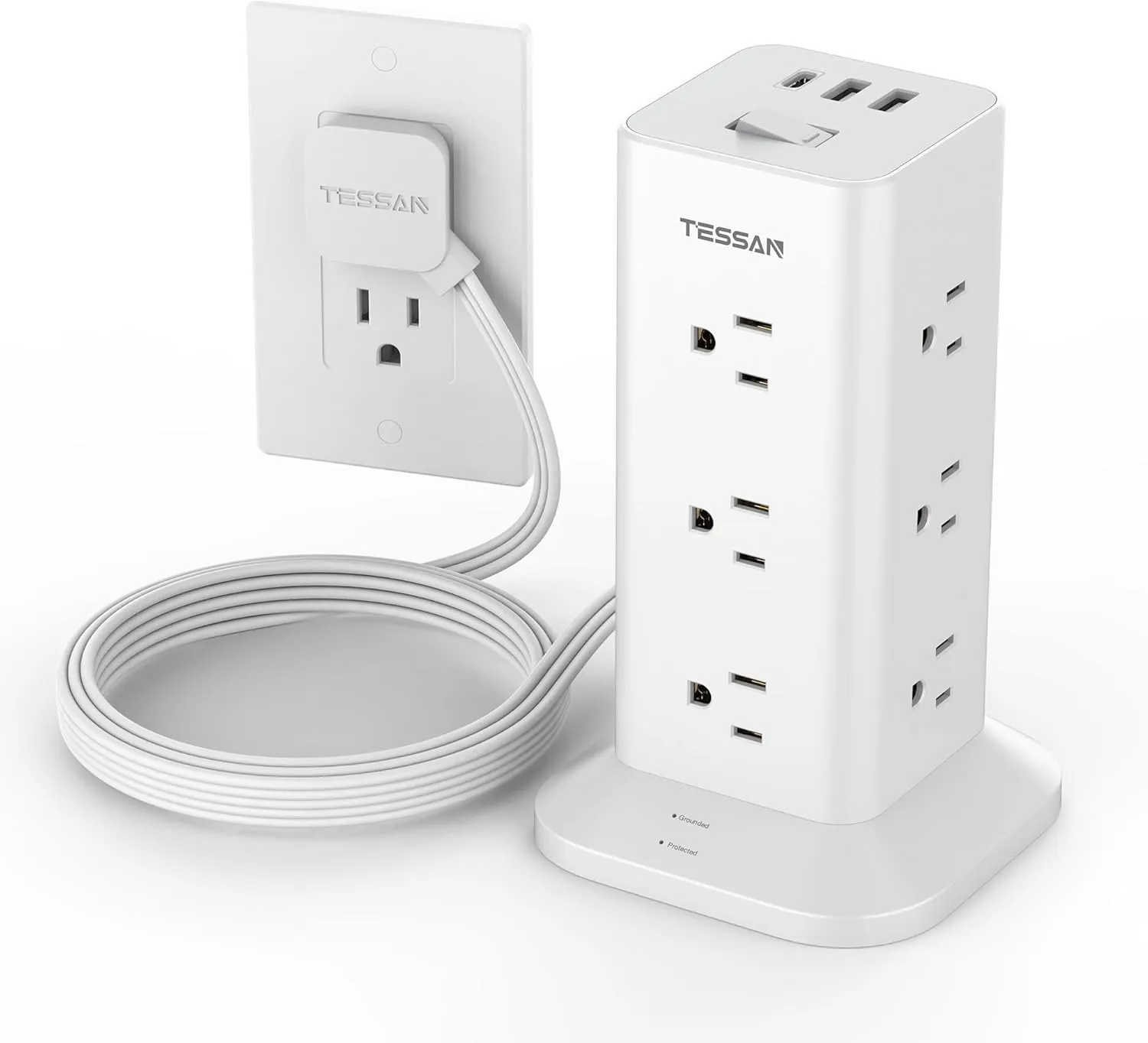 Power Strip Tower with Surge Protection, TESSAN Flat Plug Extension Cord 6 Feet with 12 Multiple Outlets 3 USB Ports (1 USB C), 900J Surge Protector Tower for Home,Supplies for Dorm Room Essentials