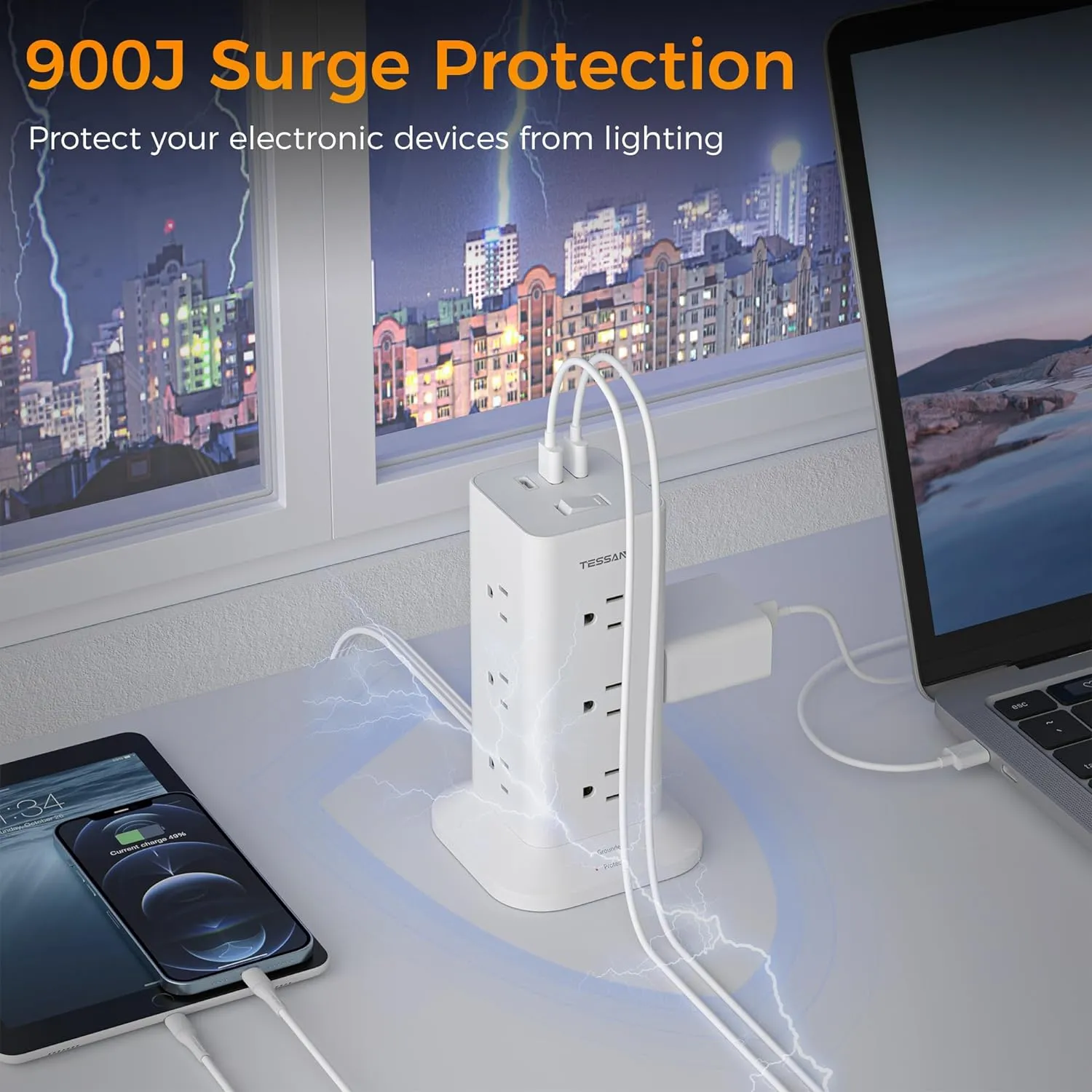 Power Strip Tower with Surge Protection, TESSAN Flat Plug Extension Cord 6 Feet with 12 Multiple Outlets 3 USB Ports (1 USB C), 900J Surge Protector Tower for Home,Supplies for Dorm Room Essentials