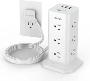 Power Strip Tower with Surge Protection, TESSAN Flat Plug Extension Cord 6 Feet with 12 Multiple Outlets 3 USB Ports (1 USB C), 900J Surge Protector Tower for Home,Supplies for Dorm Room Essentials