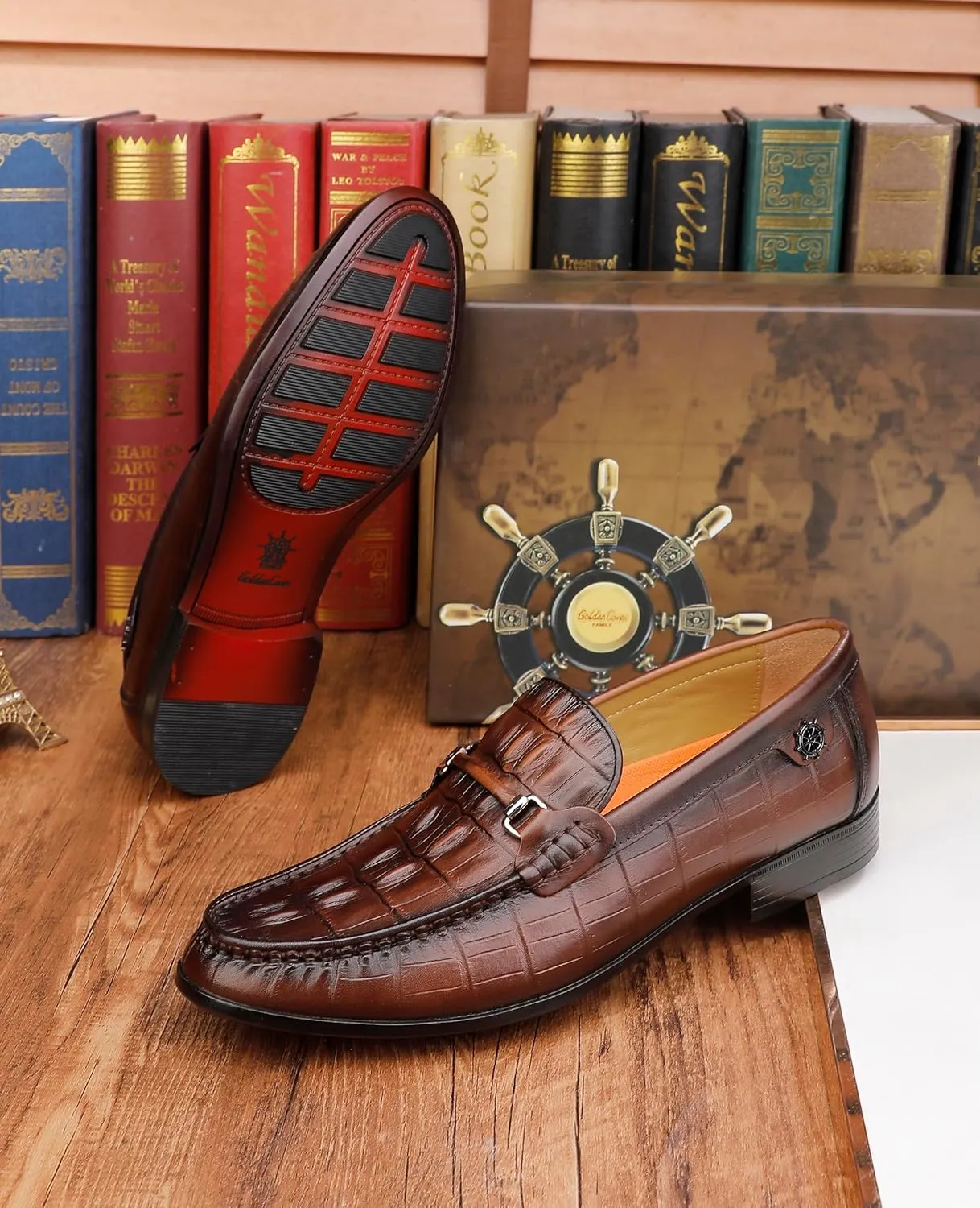 Premium Leather Dress Shoes for Mens, Black Fashion Crocodile Printed Business Slip-on Loafer Shoes for Men