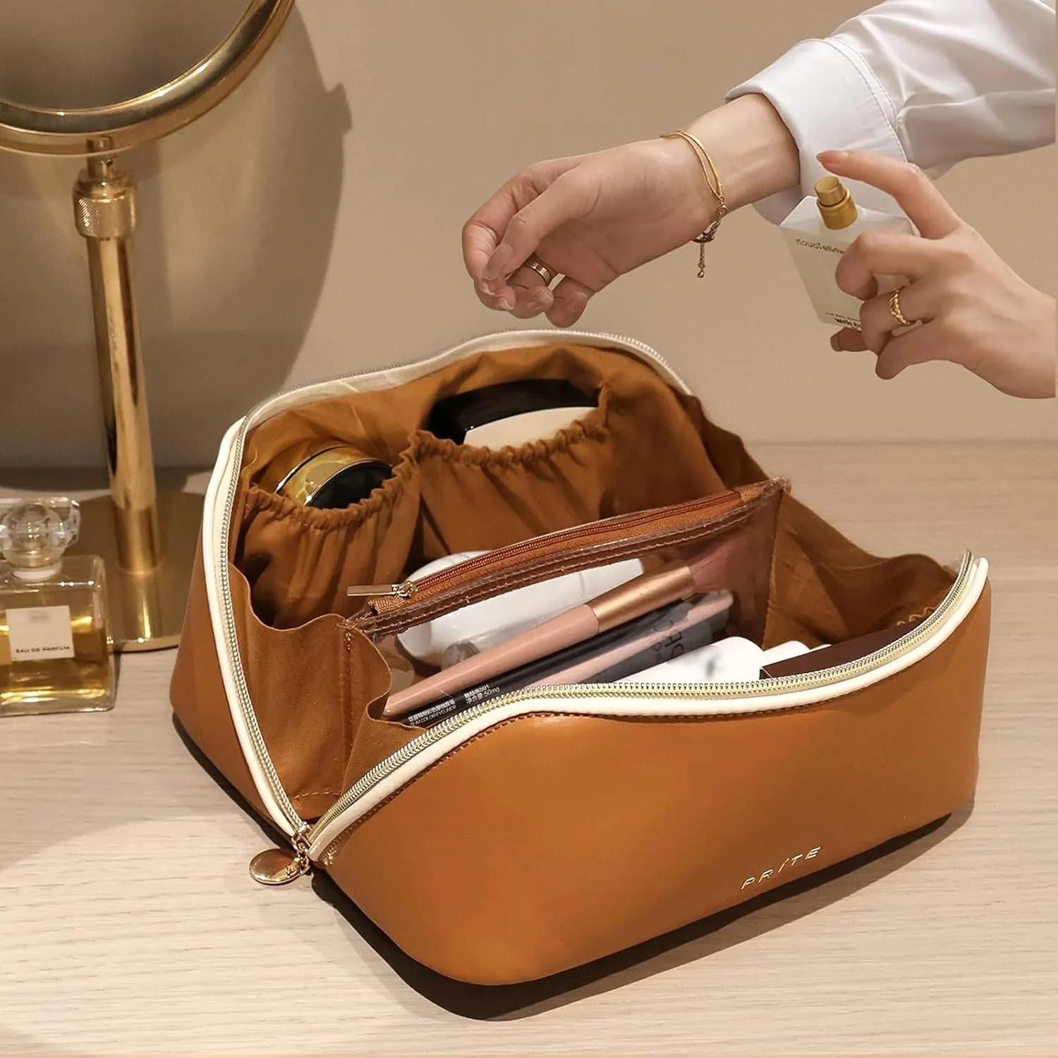 Prite Makeup Bag for Women Travel Waterproof Vegan Leather Cosmetic Bag Open Flat Toiletry Bag With Clear Divider and Handle (Brown)