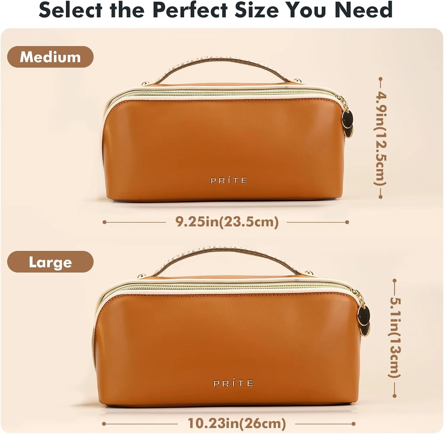 Prite Makeup Bag for Women Travel Waterproof Vegan Leather Cosmetic Bag Open Flat Toiletry Bag With Clear Divider and Handle (Brown)