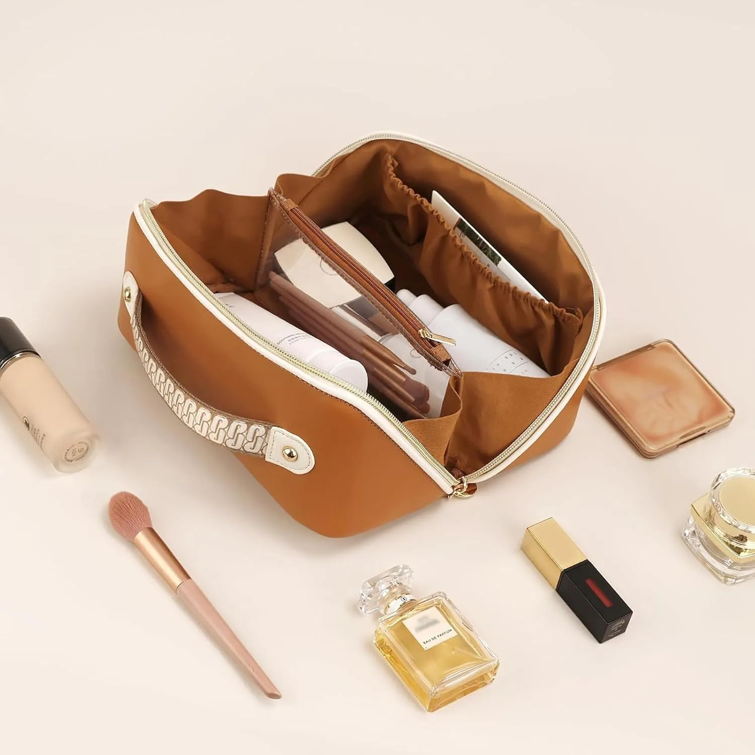 Prite Makeup Bag for Women Travel Waterproof Vegan Leather Cosmetic Bag Open Flat Toiletry Bag With Clear Divider and Handle (Brown)