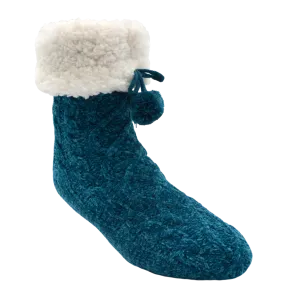Pudus Chenille Cable Knit Slipper Socks Turquoise Adult