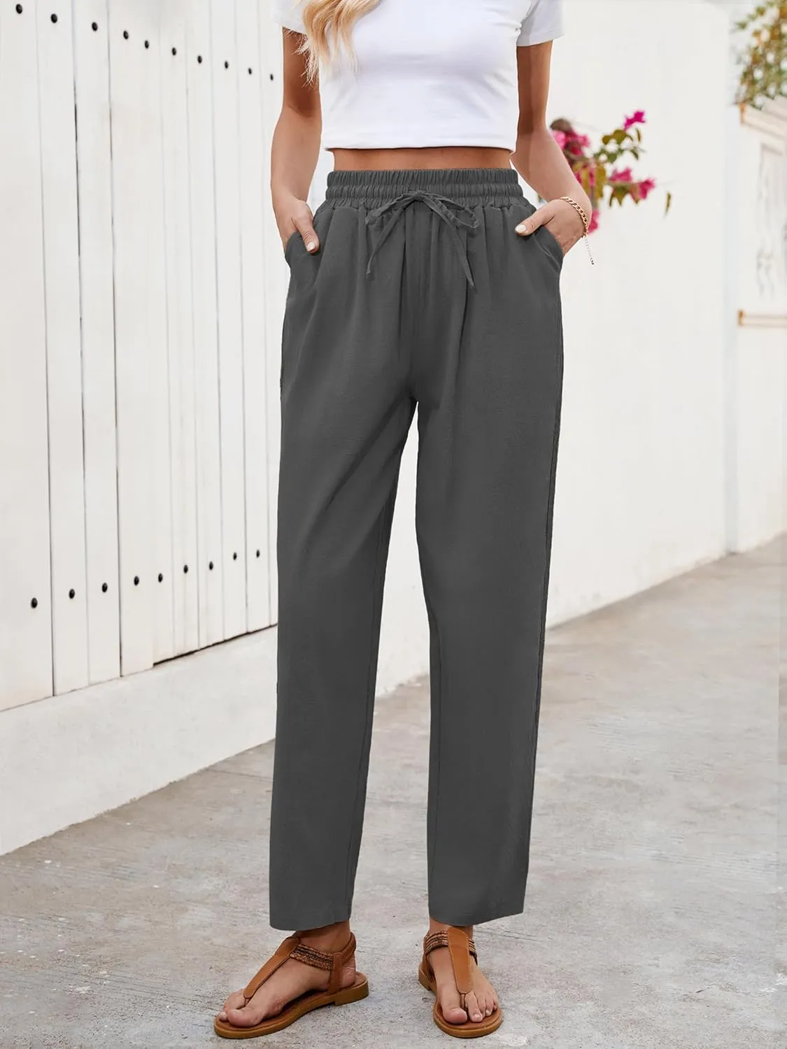Puimentiua Women Linen Pants Lightweight Capri Pants with Lace Side Summer Casual Beach Drawstring Elastic Waist Trousers