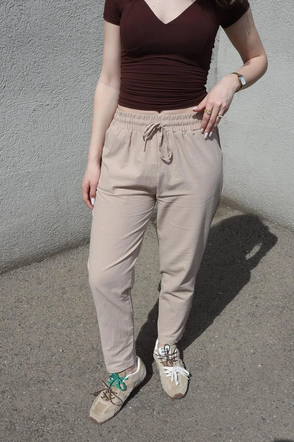 Puimentiua Women Linen Pants Lightweight Capri Pants with Lace Side Summer Casual Beach Drawstring Elastic Waist Trousers