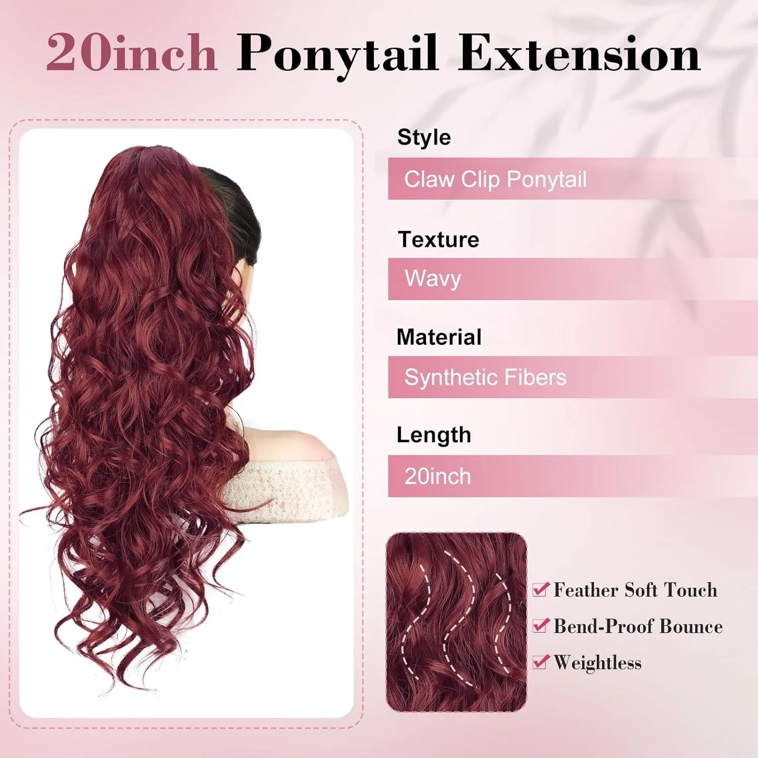 QGZ 20" Wavy Ponytail Extension, Claw Clip Ponytail Hair Extension, Natural Synthetic Hairpiece for Women Daily Use(Burgundy)