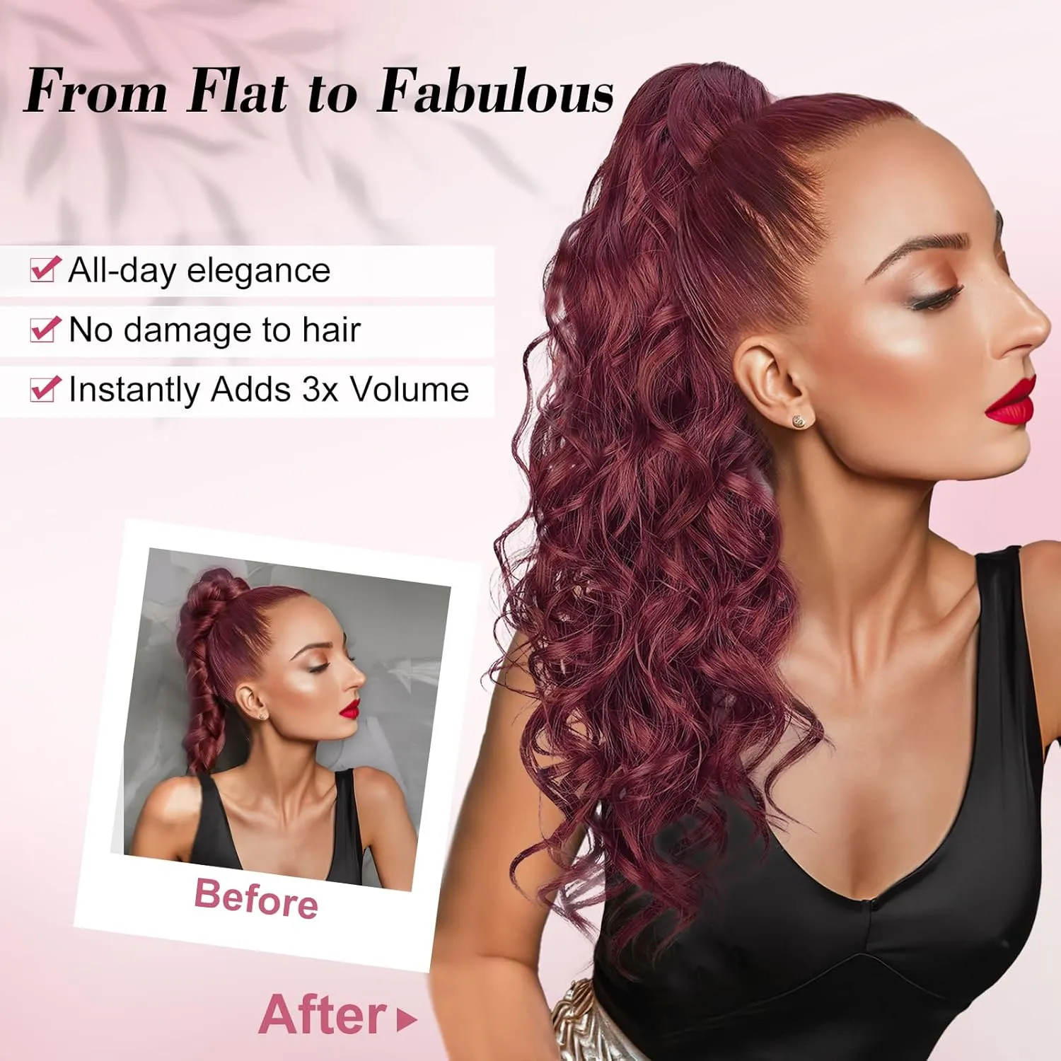 QGZ 20" Wavy Ponytail Extension, Claw Clip Ponytail Hair Extension, Natural Synthetic Hairpiece for Women Daily Use(Burgundy)