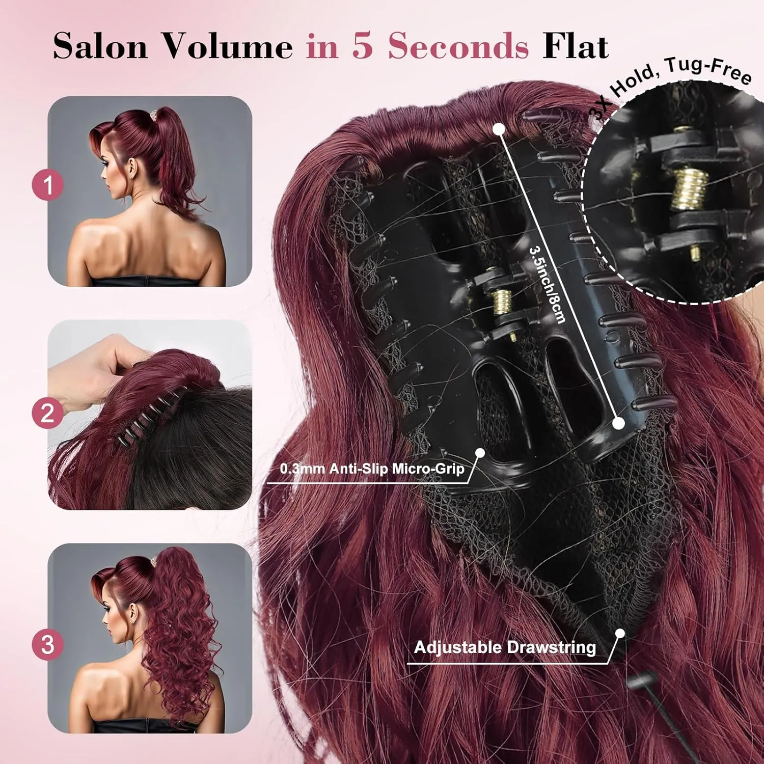 QGZ 20" Wavy Ponytail Extension, Claw Clip Ponytail Hair Extension, Natural Synthetic Hairpiece for Women Daily Use(Burgundy)