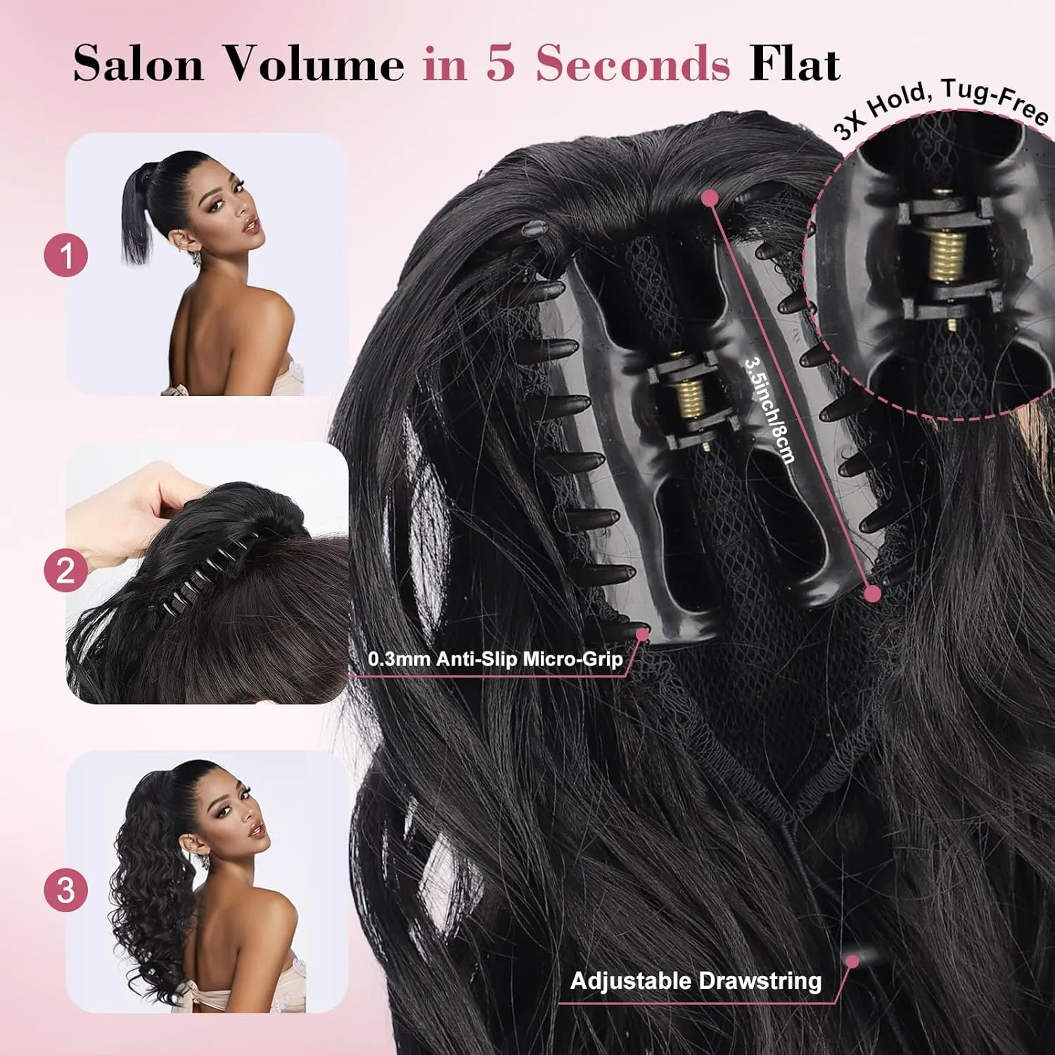 QGZ 20" Wavy Ponytail Extension, Claw Clip Ponytail Hair Extension, Natural Synthetic Hairpiece for Women Daily Use(Dark Brown)