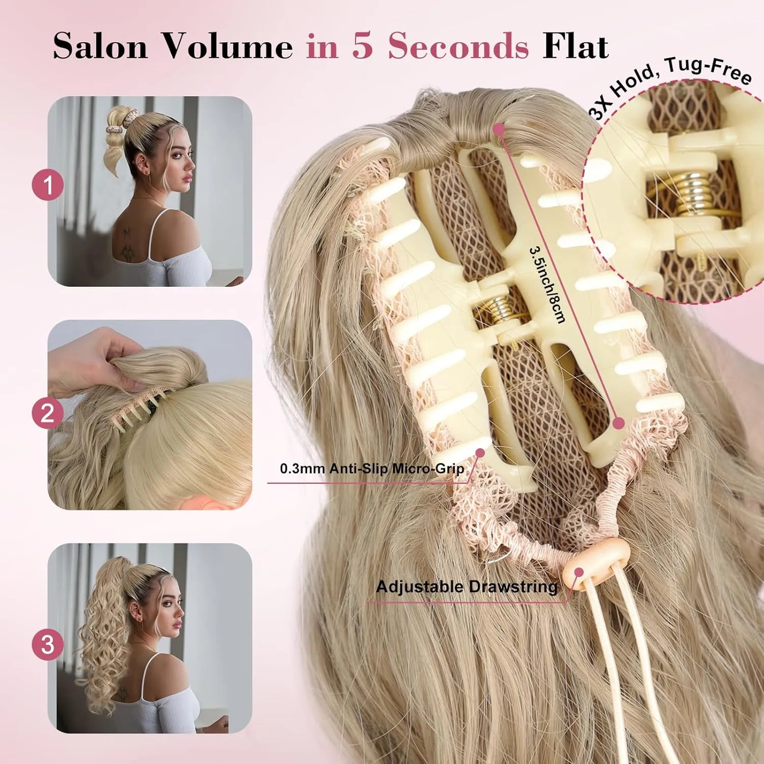 QGZ 20" Wavy Ponytail Extension, Claw Clip Ponytail Hair Extension, Natural Synthetic Hairpiece for Women Daily Use(Dirty Blonde)