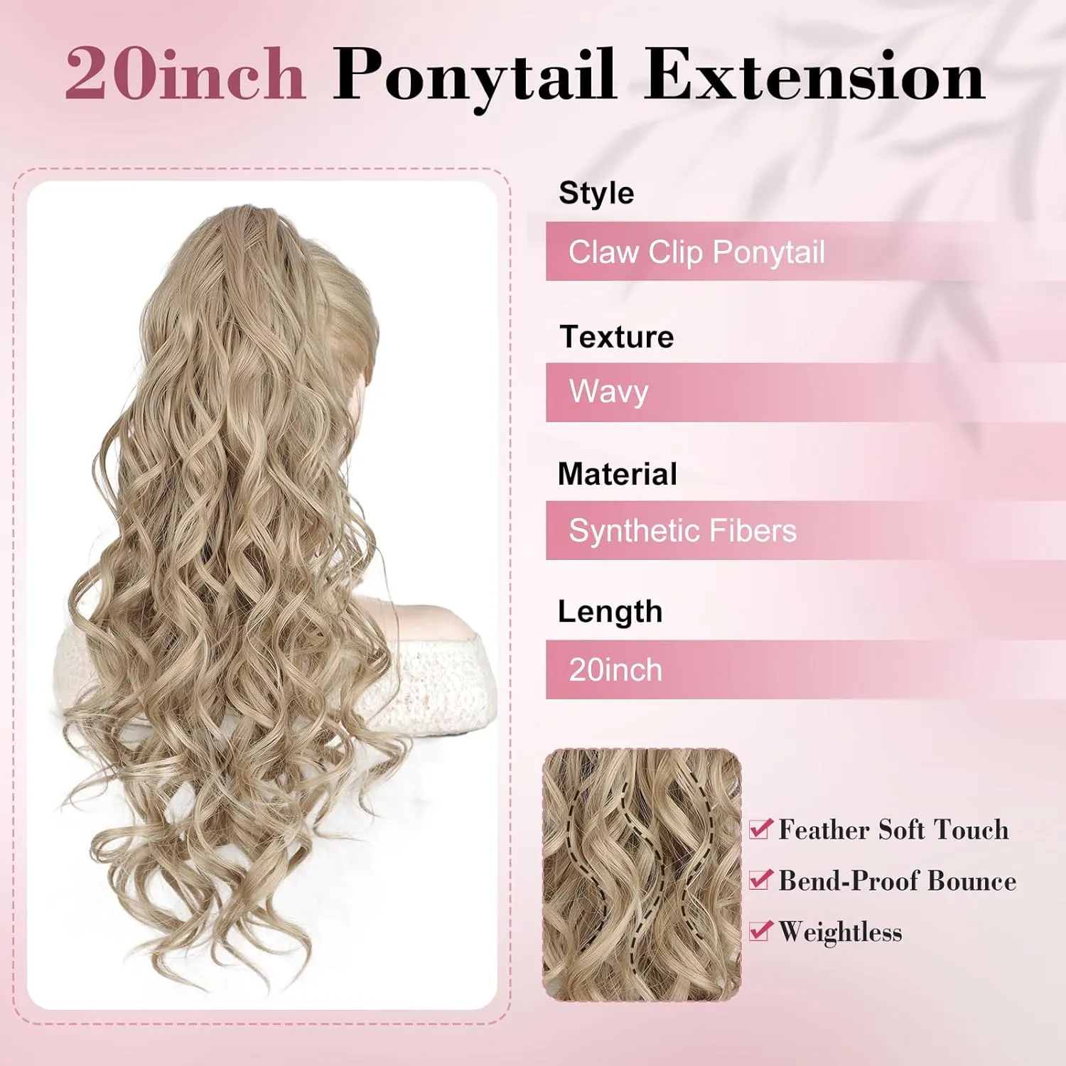 QGZ 20" Wavy Ponytail Extension, Claw Clip Ponytail Hair Extension, Natural Synthetic Hairpiece for Women Daily Use(Dirty Blonde)