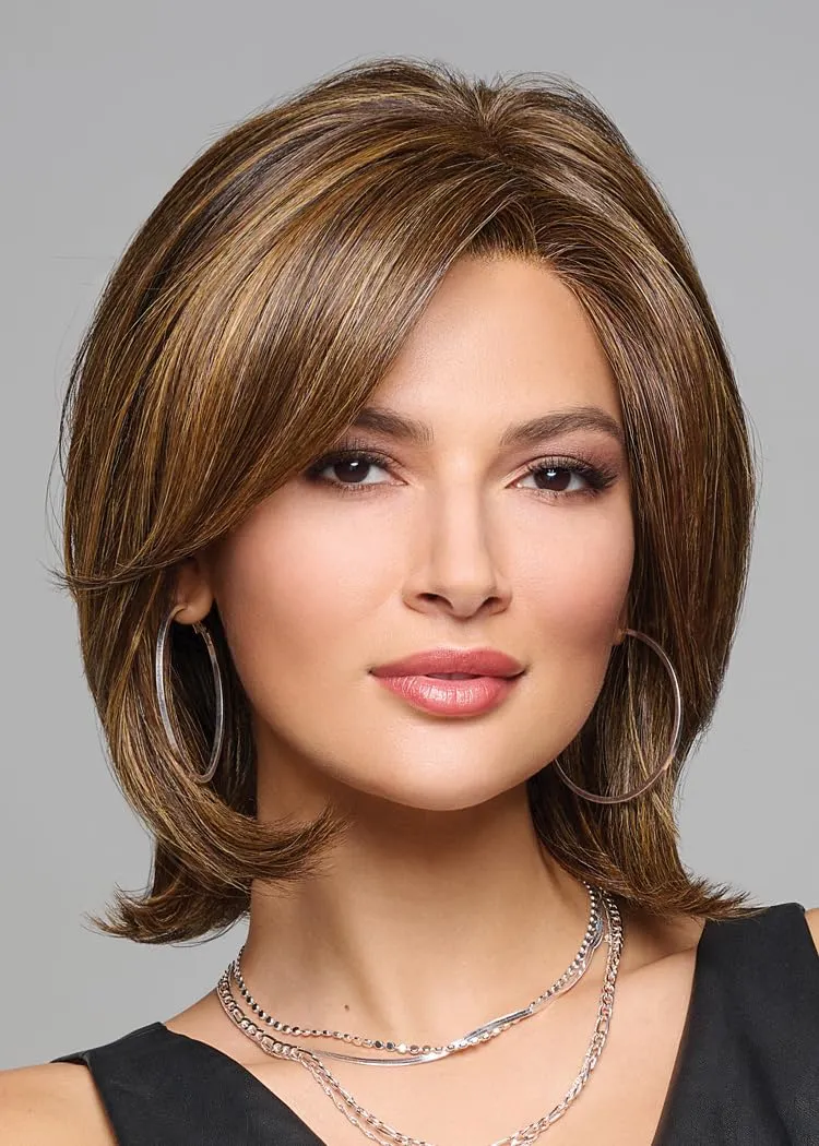 Raquel Welch Take A Bow Chin Length Layered Wig With Hand Tied Base by Hairuwear, Petite Average Cap, RL4/10SS Shaded Iced Java