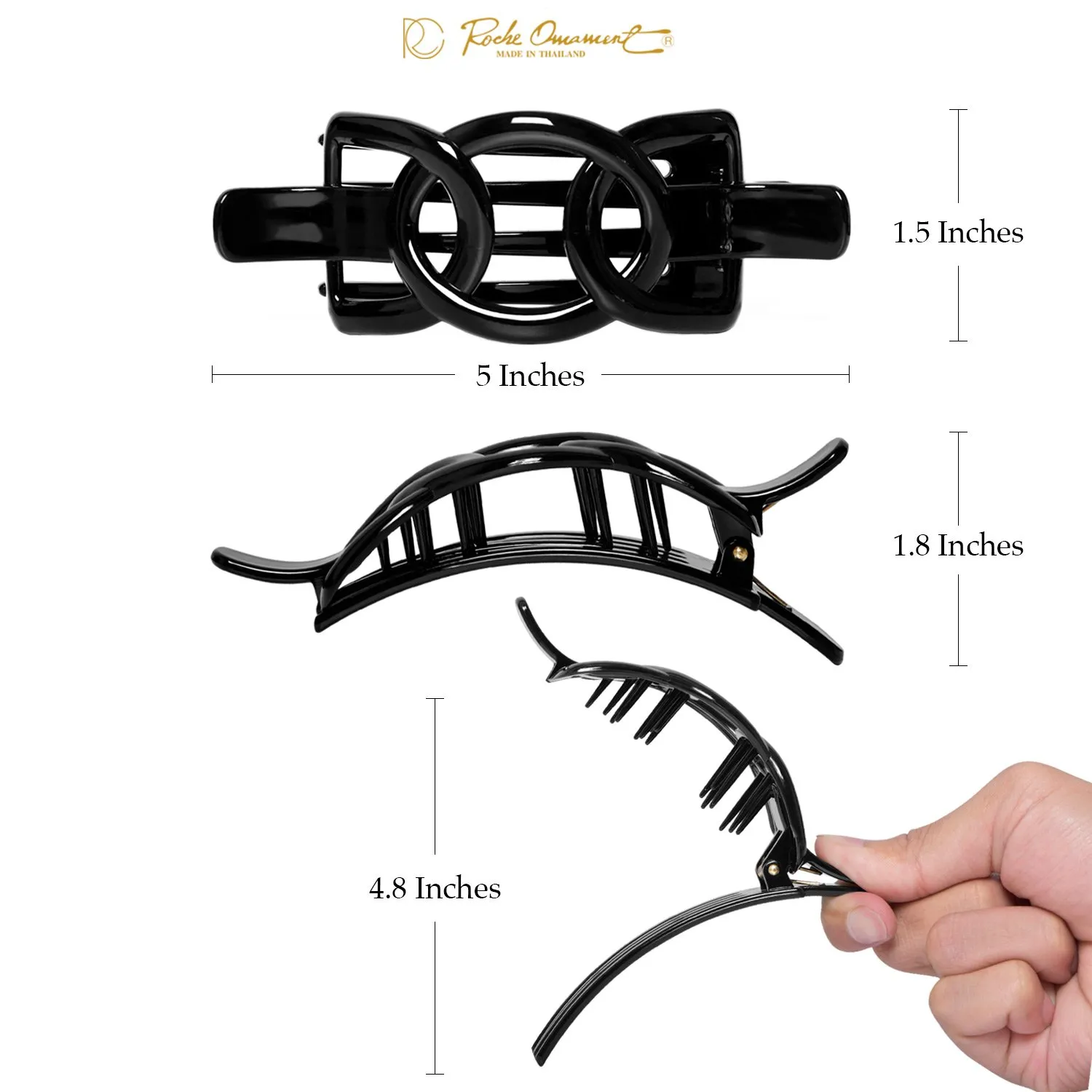 RC ROCHE ORNAMENT 6 Pcs Womens Plastic Side Slide Wide Ribbon Bow Styling Durable Strong Hold Firm Grip Teeth Beauty Accessory Hair Clip Clamp, Large Black