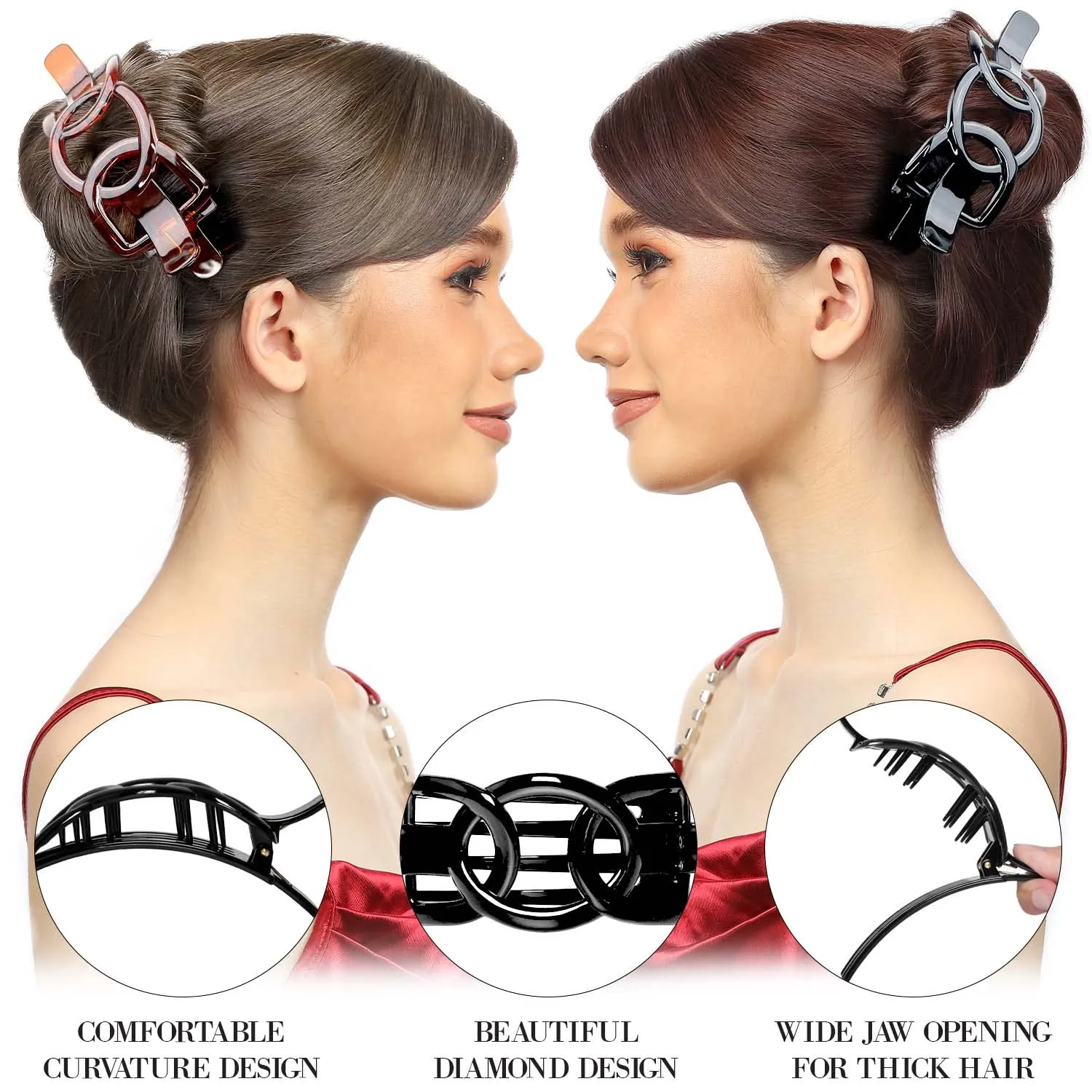 RC ROCHE ORNAMENT 6 Pcs Womens Plastic Side Slide Wide Ribbon Bow Styling Durable Strong Hold Firm Grip Teeth Beauty Accessory Hair Clip Clamp, Large Black